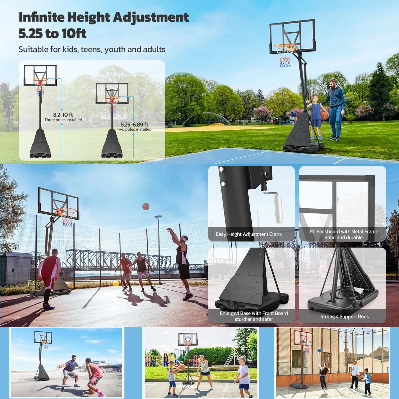 Basketball Hoop System,Quickly Height Adjustable 5.25-10ft, 44 inch PC Backboard Portable Basketball Goal for Outdoor Indoor Court - Image 5