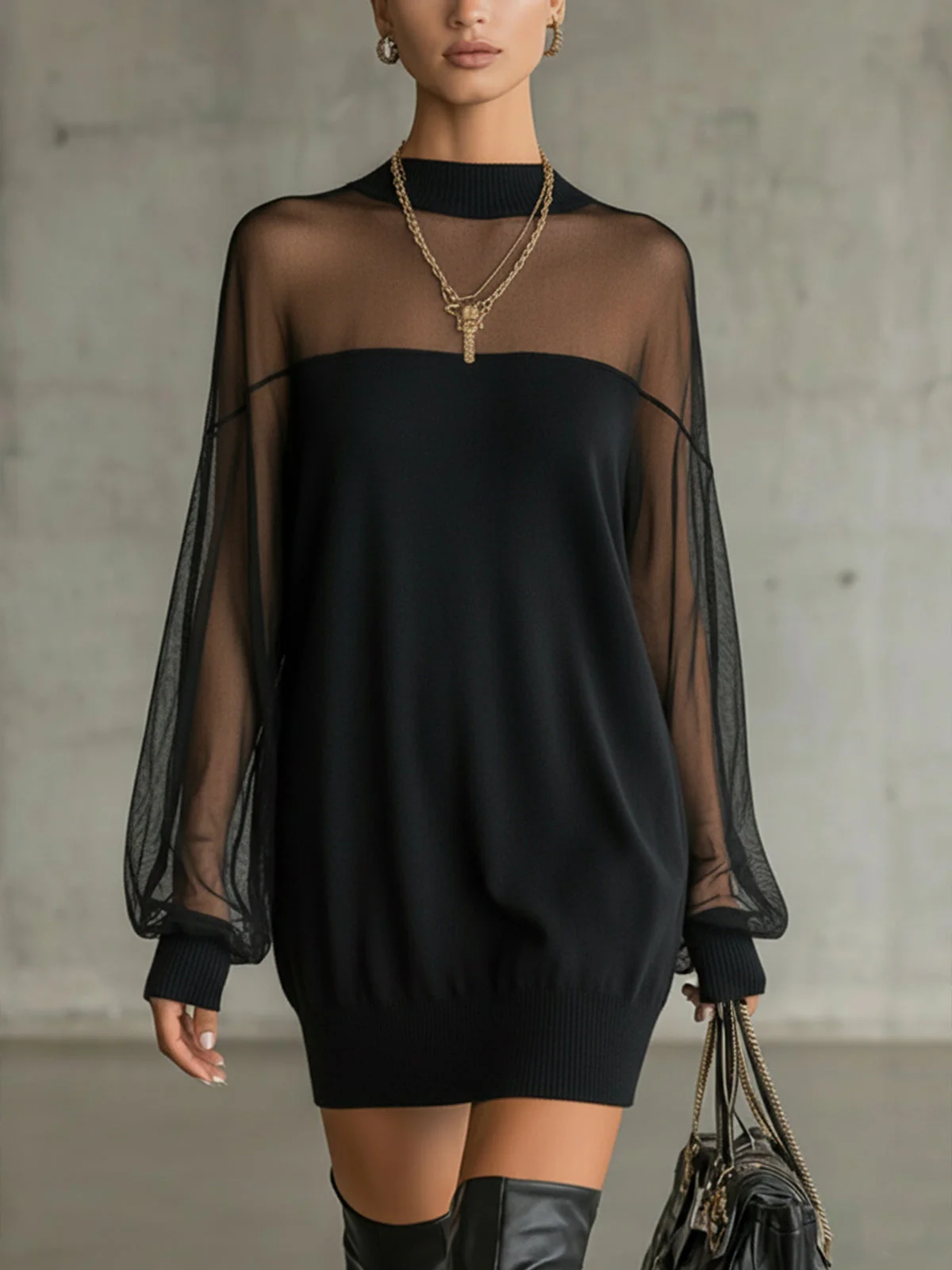 Robe Noire Élégante Courte avec Manches Longues en Résille