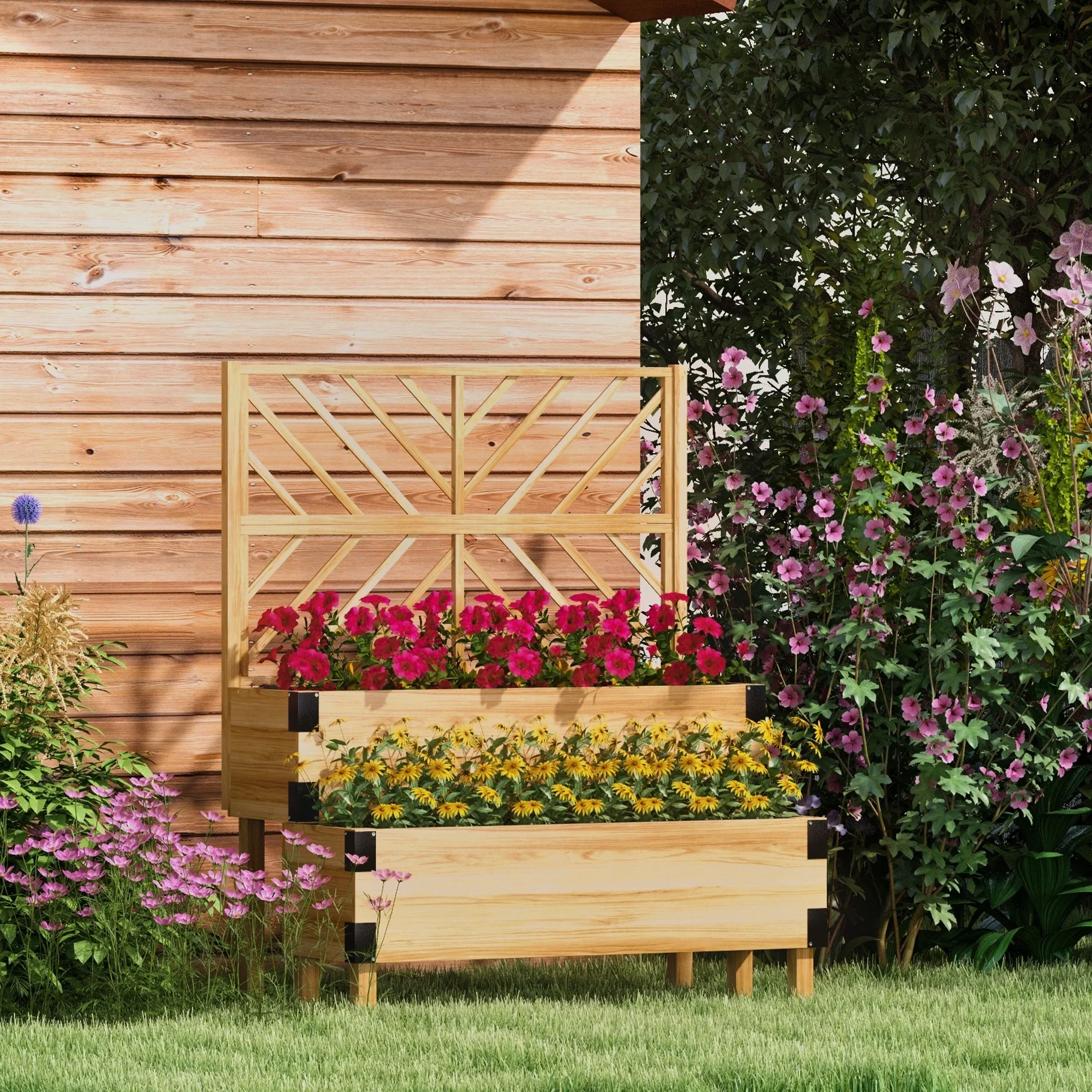 2 Tier Trellis Planter, Wooden Raised Garden Bed - Gray/Natural Wood
