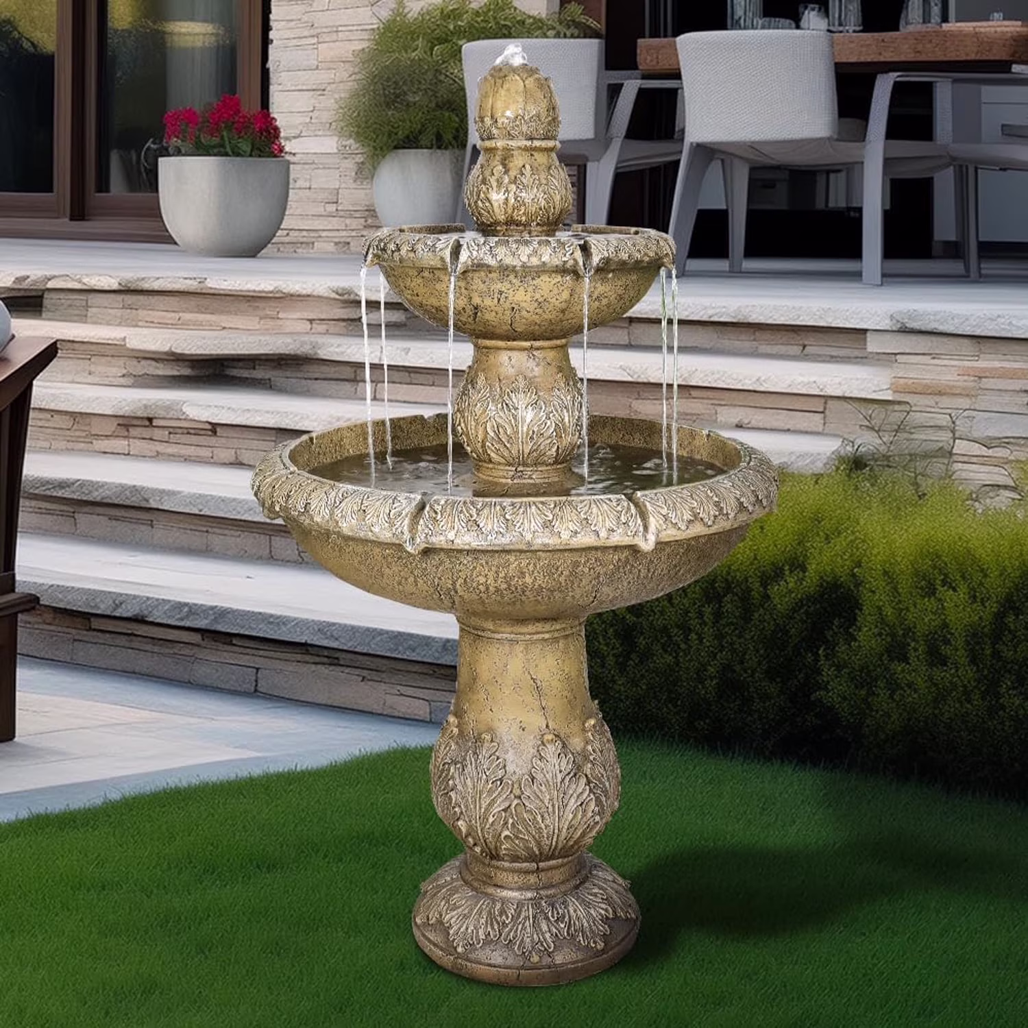 48�?H Outdoor Floor Water Fountain, 3-Tiers Concrete Water Fountain with Submersible Electric Pump Garden Cascading Waterfall for Yard Patio Lawn Home Decor(Brown 1) - Image 7