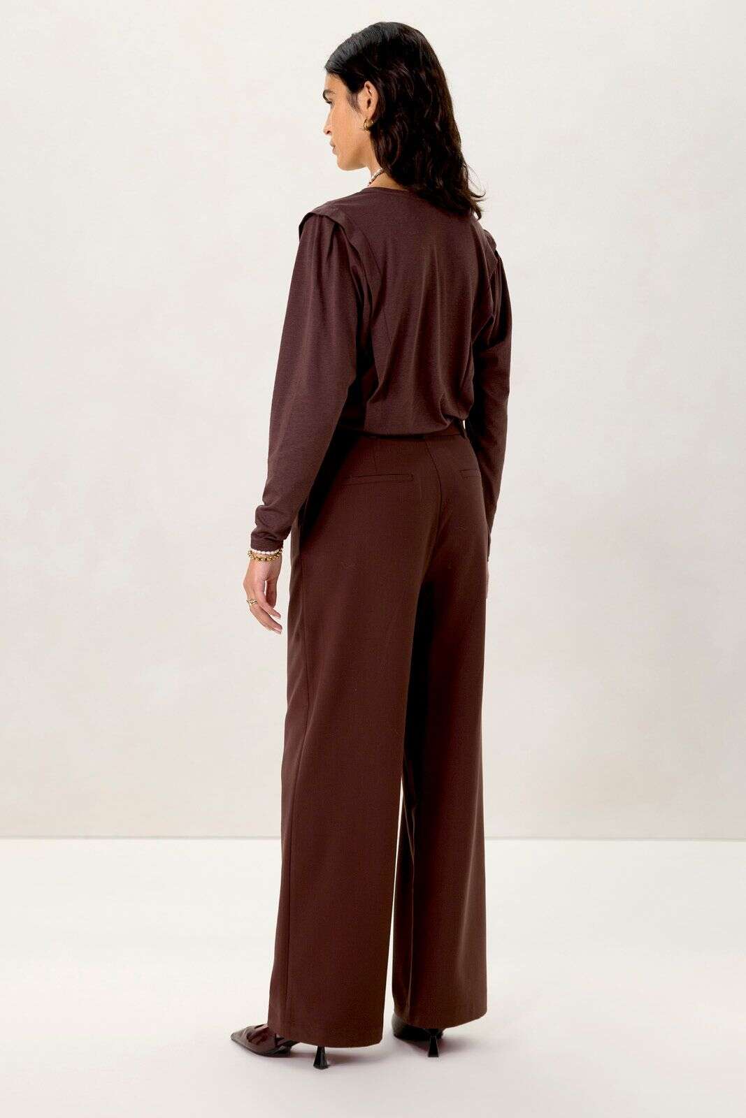 Donkerbruine mid waist wide leg pantalon