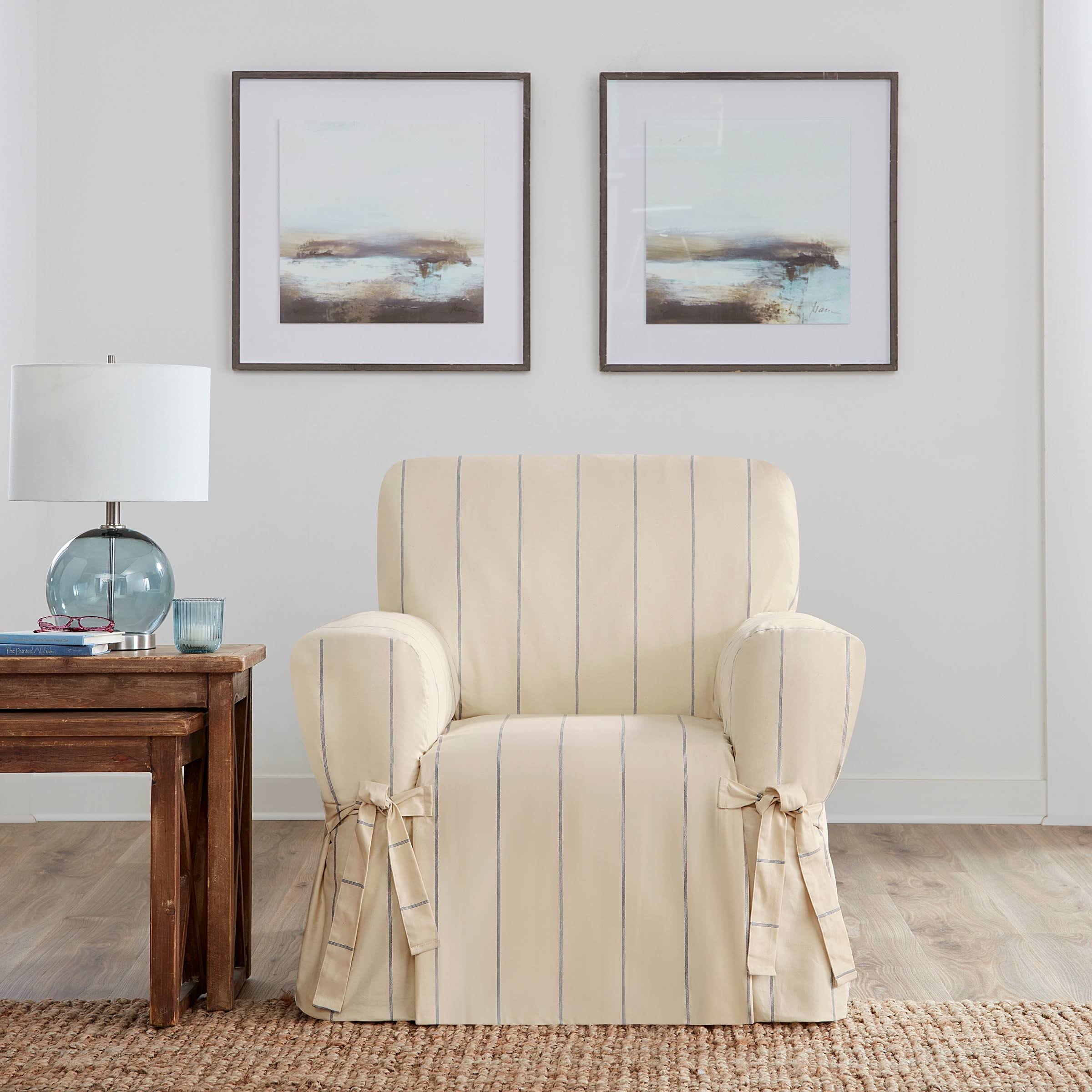 SureFit Heavyweight Cotton Duck One-Piece Chair Slipcovers with Seat Elastic - Natural/Blue