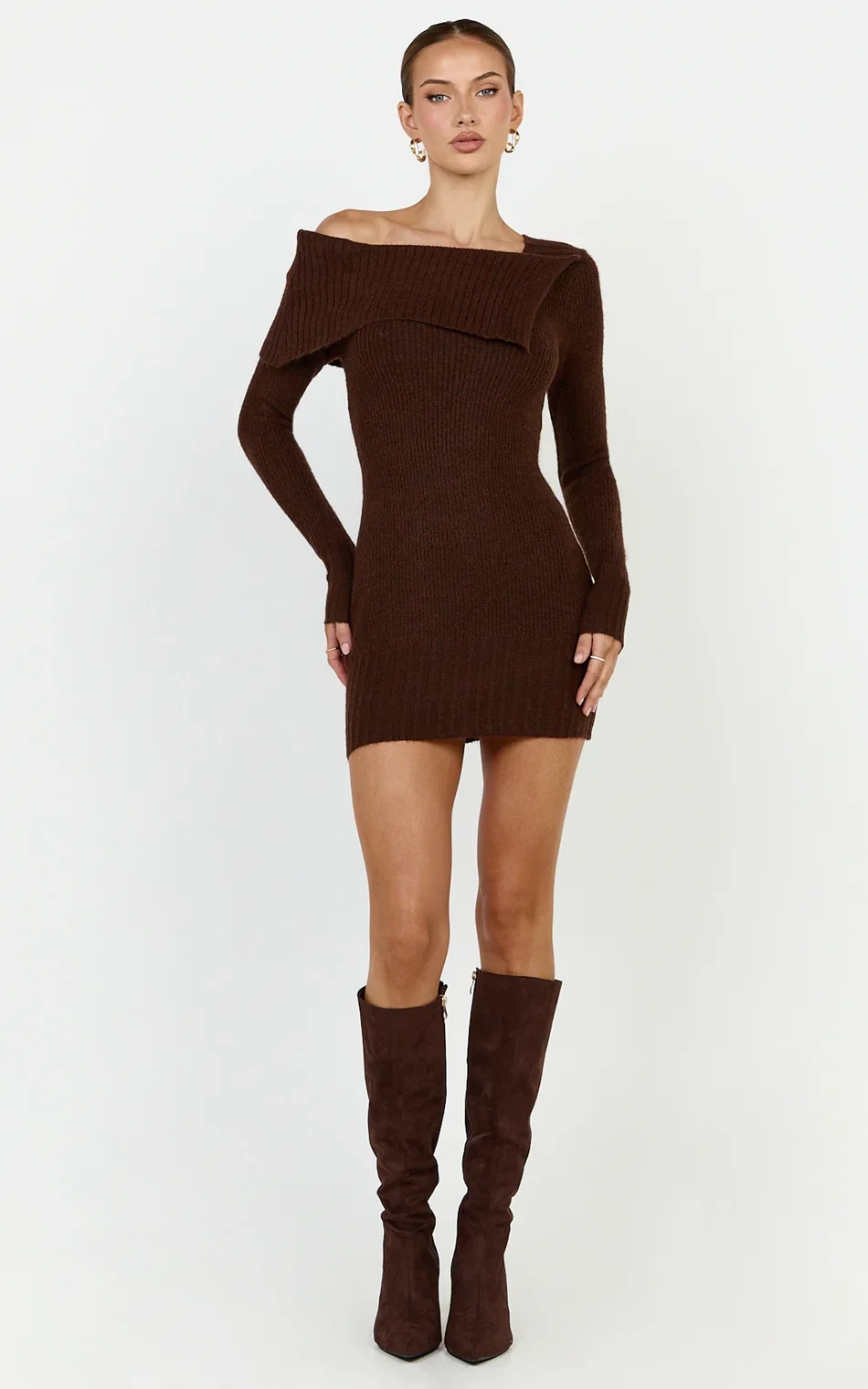 Tess Mini Dress - Asymmetric Off Shoulder Long Sleeve Knit Dress in Chocolate