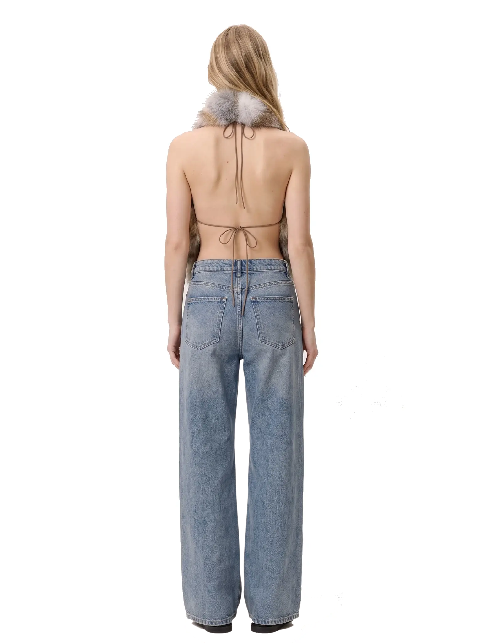 Back view of a woman wearing a multicolor spotted faux fur halter vest with tie straps