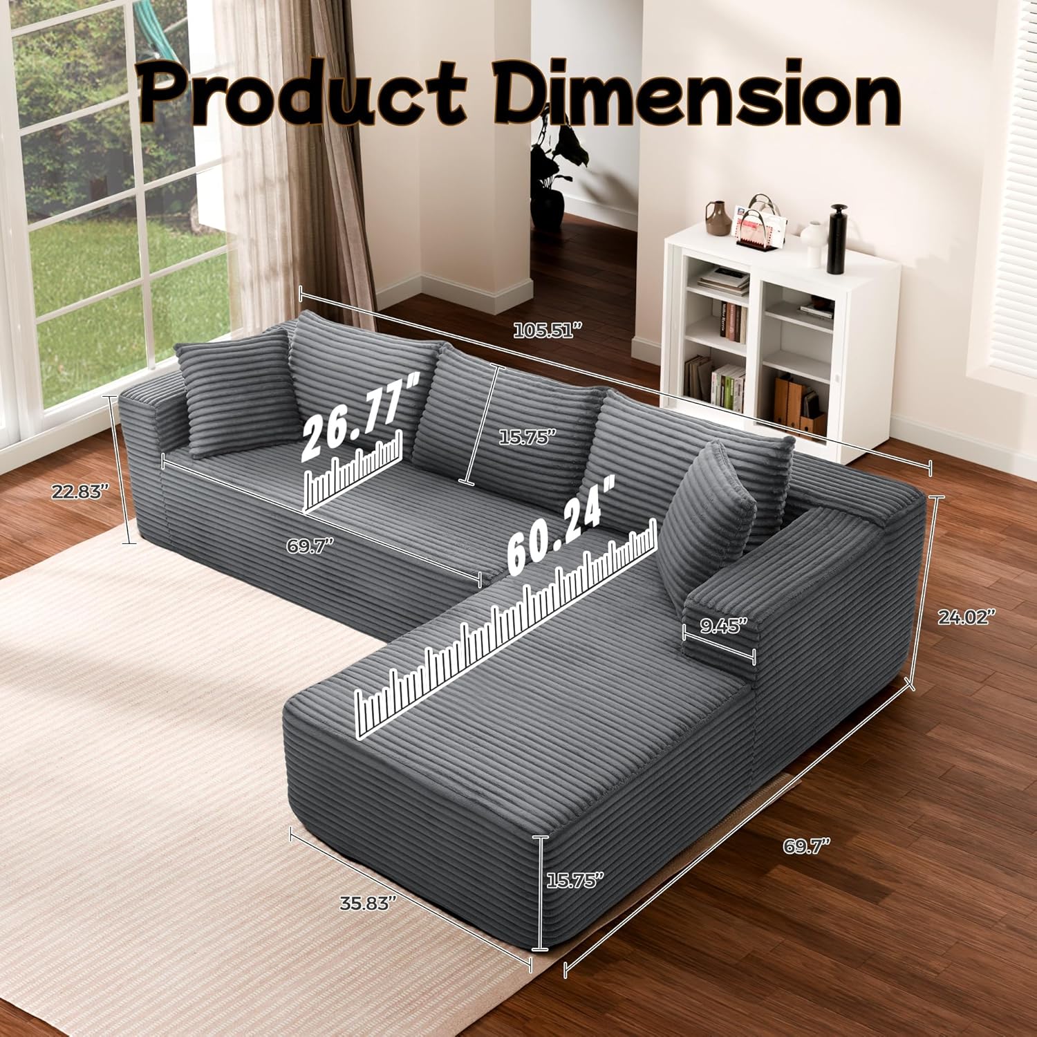 Cloud Sectional Couch, 105” Fluffy Modular L-Shape Sofa with Left Chaise Lounge, Modular Sectional Sofa in a Box, Boneless Couch for Living Room, No Assembly Required, Flannel Gray
