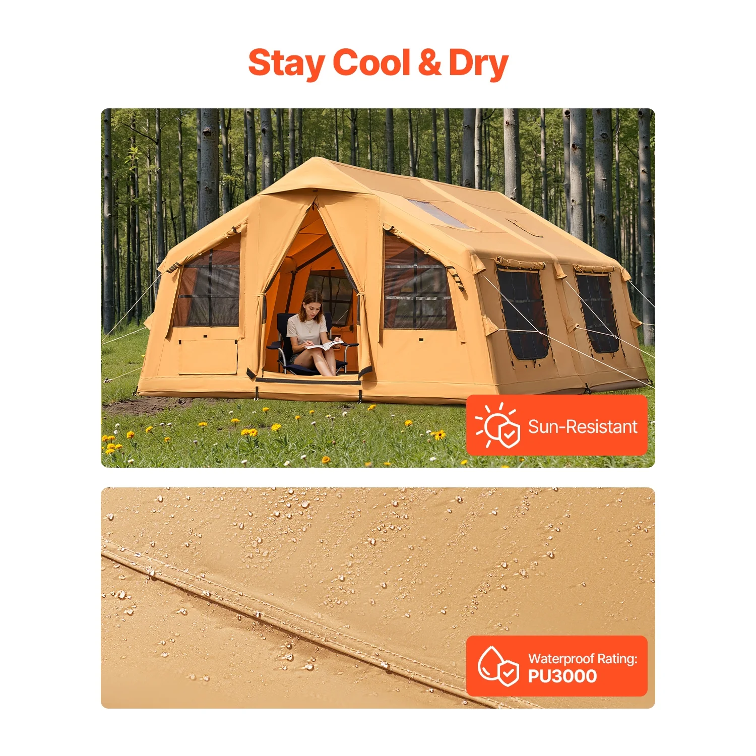 KFFKFF Inflatable Tent for Camping, 15.75 x 11.81 x 7.22 Ft Glamping Blow up Tent for 8 - 12 People, Air - Filled Camping Shelters, Outdoor Living Tent with Dual Sunroofs, Stove Jack