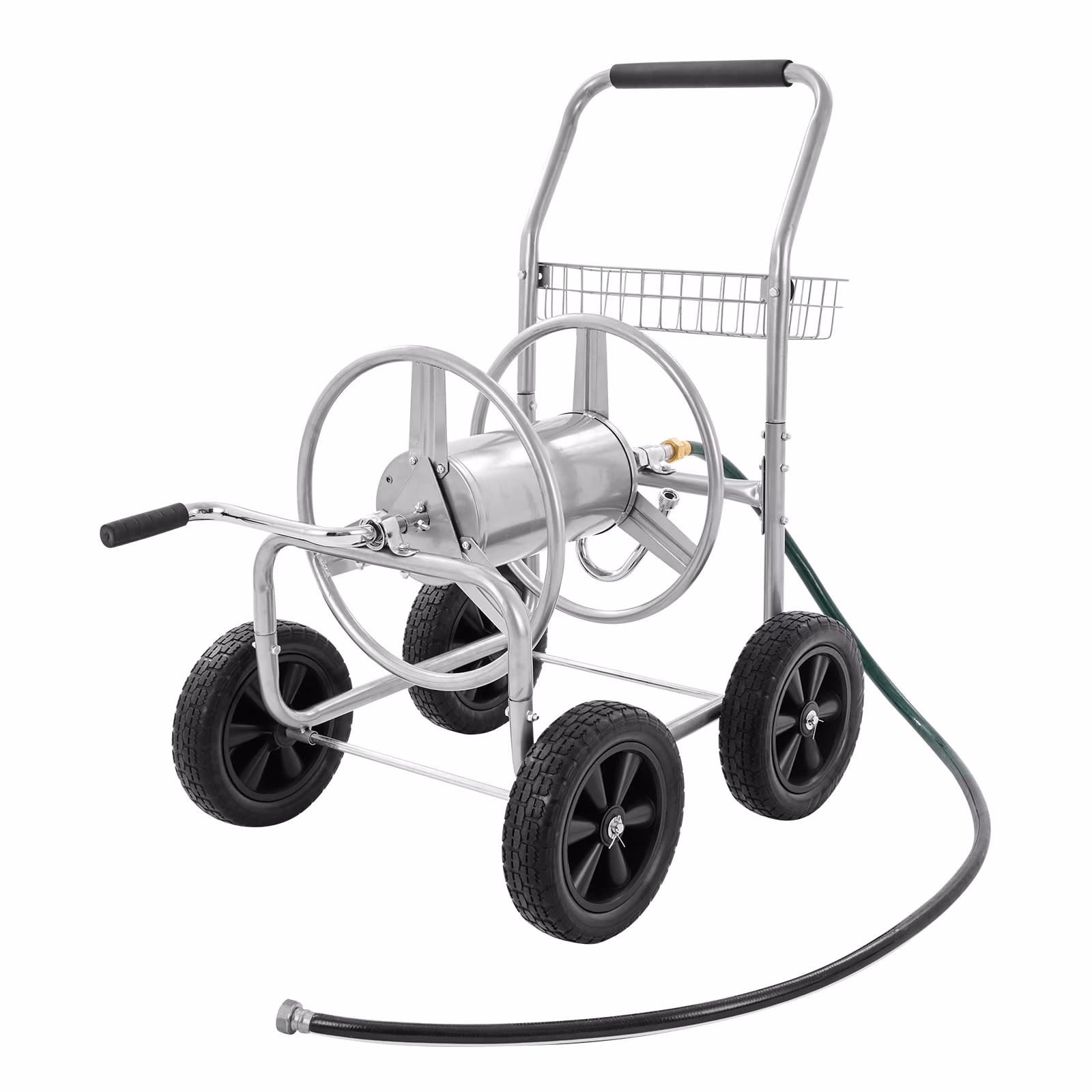 VEVOR Hose Reel Cart, Hold up to 250 Ft of 5/8 Hose, Garden Water Hose Carts Mobile Tools with 4 Wheels, Heavy Duty Powder - Coated Steel Outdoor Planting with Storage Basket, for Garden, Yard, Lawn