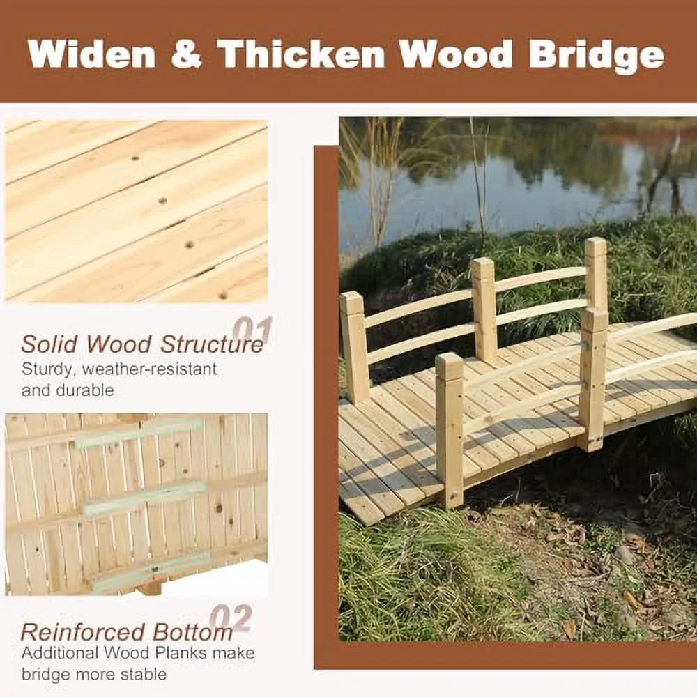 HOMEDIARY Fir Wood Garden Bridge, Outdoor Arc Footbridge Walkway with Double Safety Railings, Decorative Pond Bridge Landscaping w/550lbs Capacity for Backyard Farm Garden Creek Po