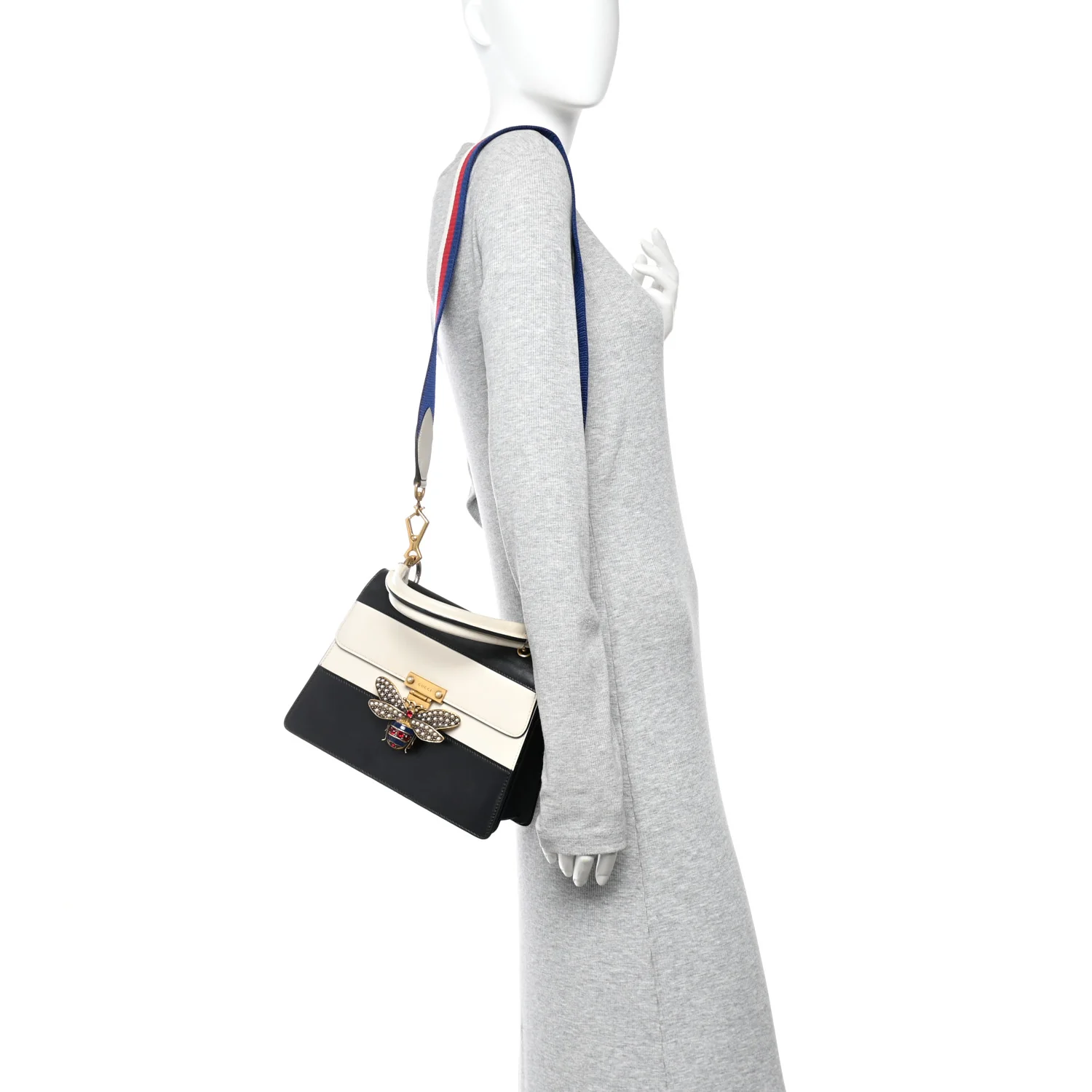 Calfskin Sylvie Web Small Queen Margaret Top Handle Bag Black White