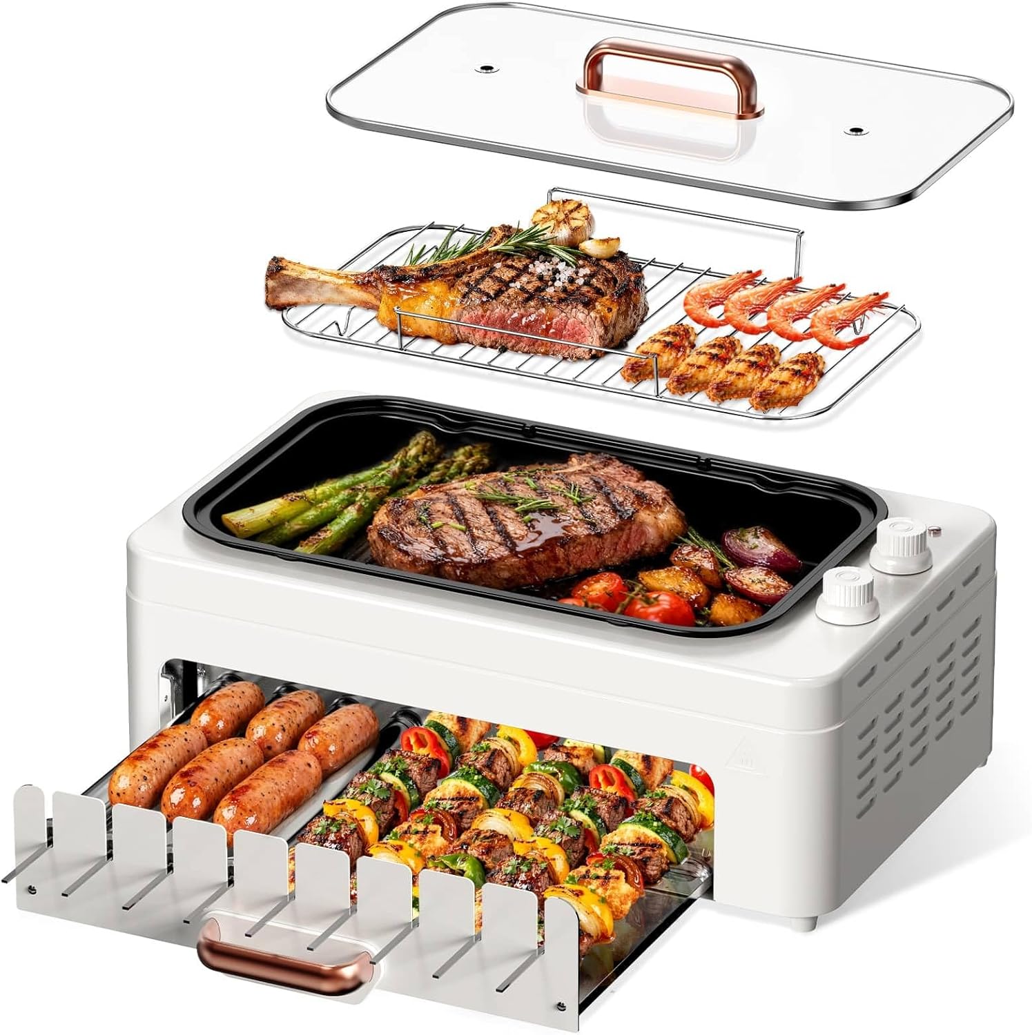 Gril électrique d'intérieur 4 en 1 sans fumée pour la maison, gril électrique de comptoir avec plaque de cuisson et grille amovibles + brochettes à kebab rotatives automatiques + rouleau à hot-dogs électrique, cuisson à double zone avec couvercle