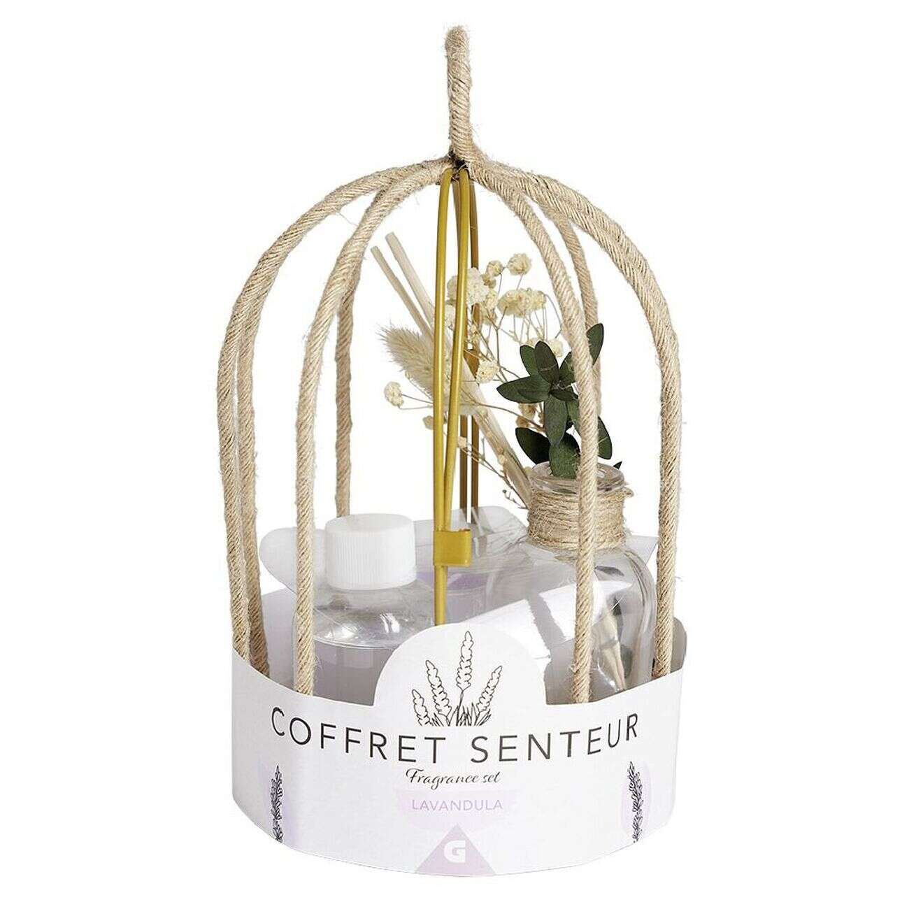 Coffret senteur cage corde fleur séchée lavande Ø14xH24cm