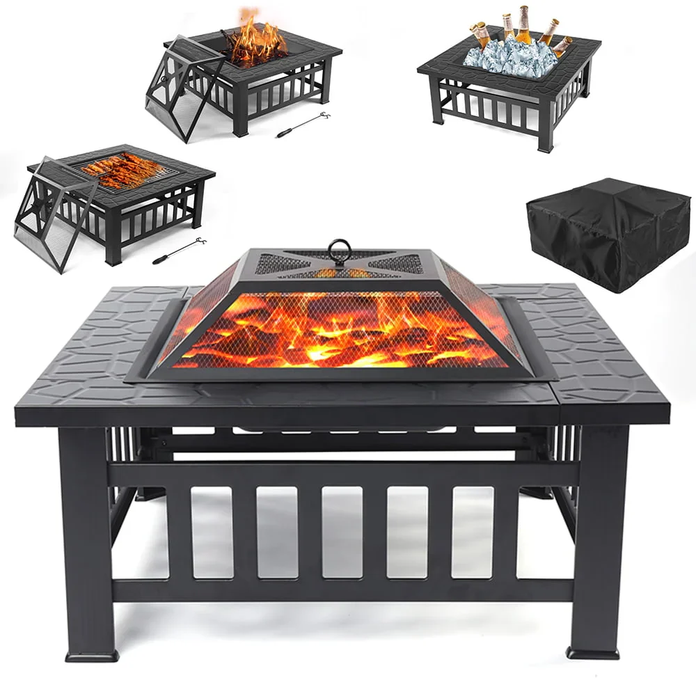 Wood Burning Fire Pits for Outside, 32 Square Iron Fire Pit Backyard Patio Garden Stove Wood Burning Fire Pit w/ BBQ Net, Waterprrof Cover, Mesh Screen Lid, Wood Grate, Poker, Durable Fire Pit