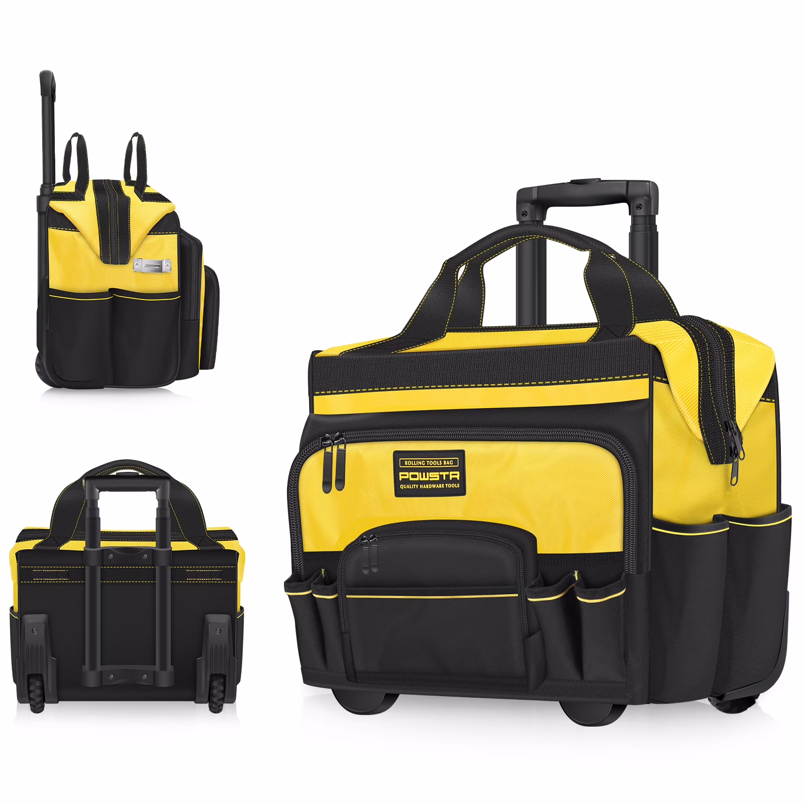 18 Rolling Tool Bag with Wheels, 15-Pocket Heavy Duty Rolling Tool Storage Bag with Retractable Handle for Construction, Carpentry, Repair