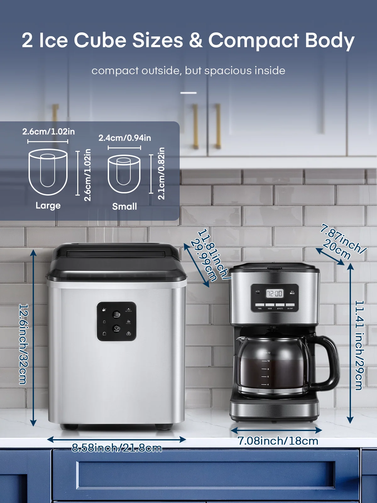 Ice Maker Countertop 2 Sizes, 28lbs in 24h, 9 Bullet Ice in 6M, Selfclean, Stainless Steel - Image 3