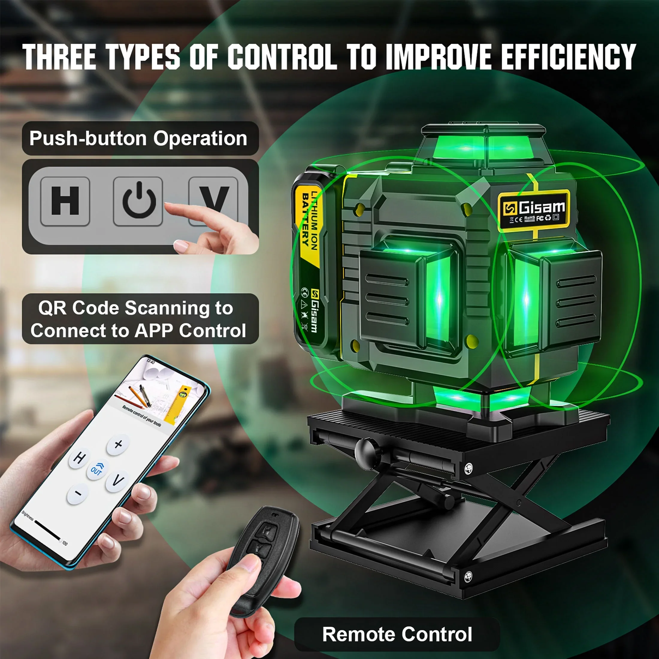 Gisam Laser Level with Tripod , 4x360�� Self-Leveling Green Cross Line 4D Laser Tool with Remote Control & 2* 4800mAh Battery
