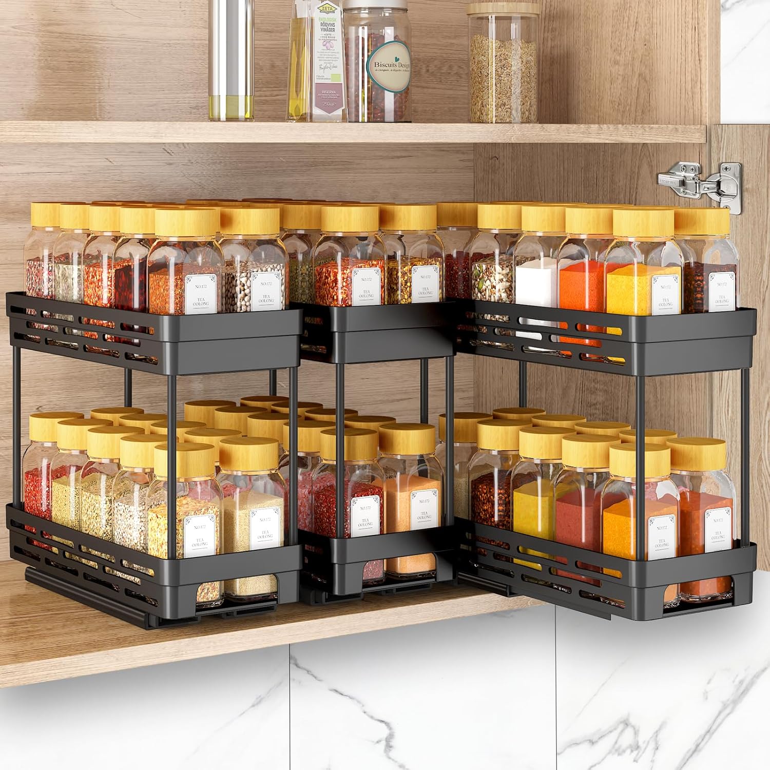 Pull Out Spice Rack Organizer for Cabinet, 3 Packs Slide Out Spice Racks Organizer, Spice Cabinet Organizers, Cabinet Size Required: 12'' High x 11'' Deep x 5'' Wide, Each Tier Holds 10 Spice Jars - 2 Tiers, Black