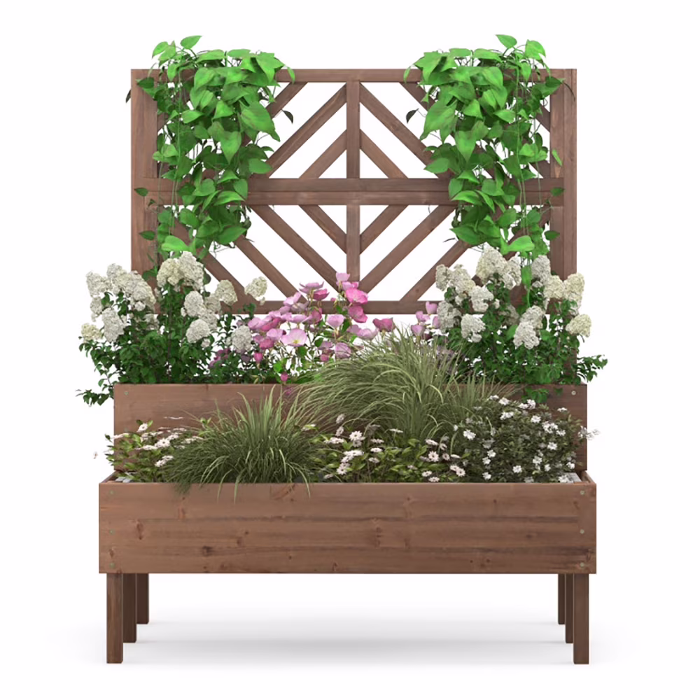 GVN Outdoor Raised Garden Bed, Yard Gardening Bed, 2 - Tier Raised Garden Bed with Trellis - Brown