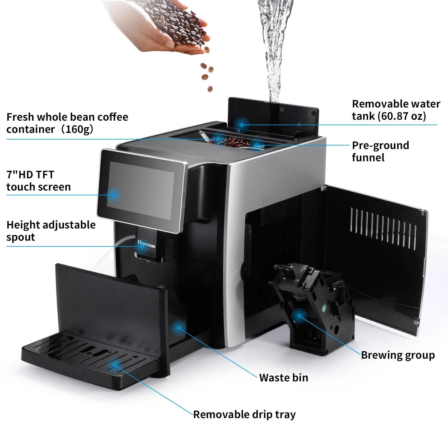 Hipresso CM - 1001 Programmable Super - Automatic Espresso Coffee Machine with Large 7 in HD TFT Display