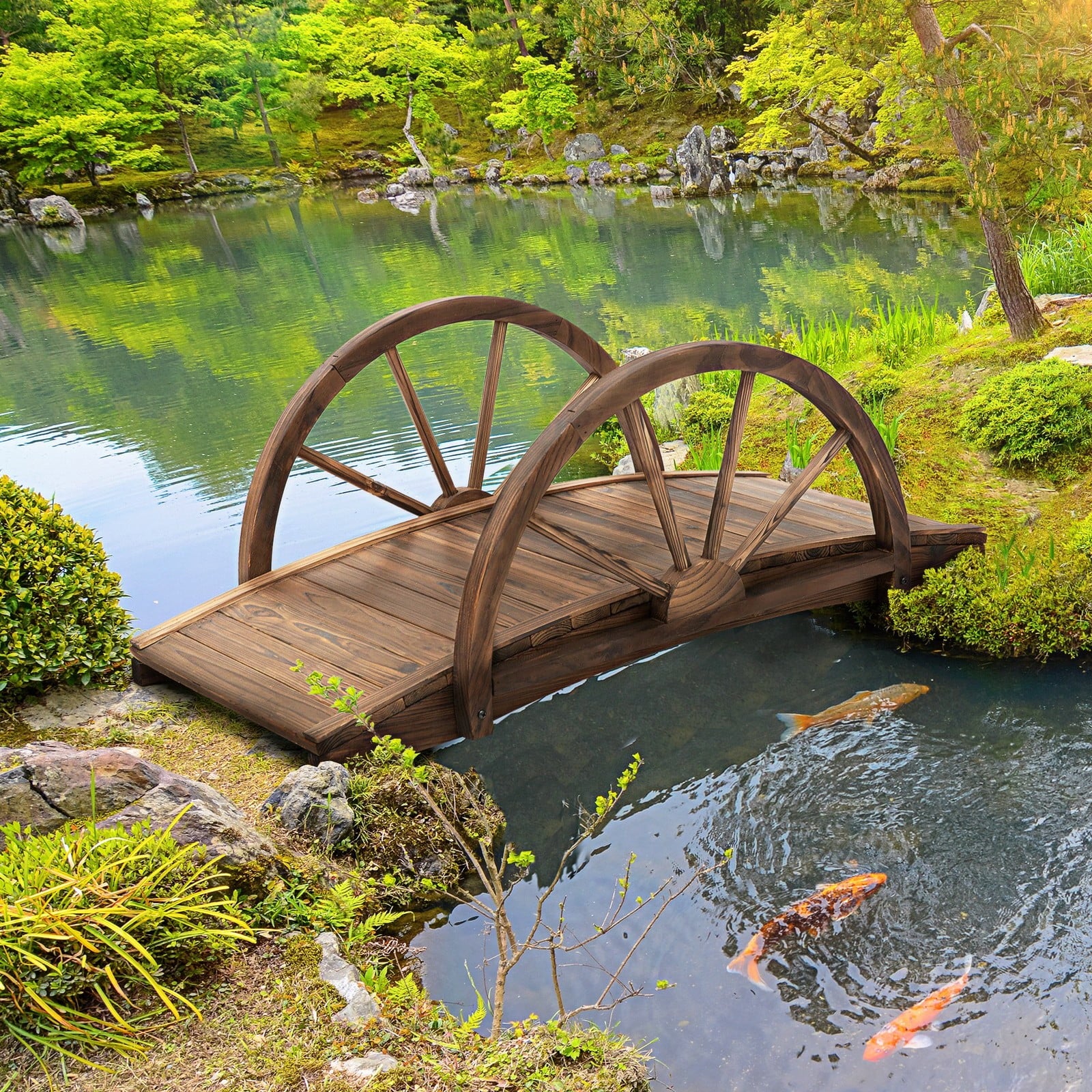 WSSYzyzf 3.3ft Wooden Garden Bridge Arc Footbridge with Half-Wheel Style Railings & Solid Fir Construction, Stained Wood
