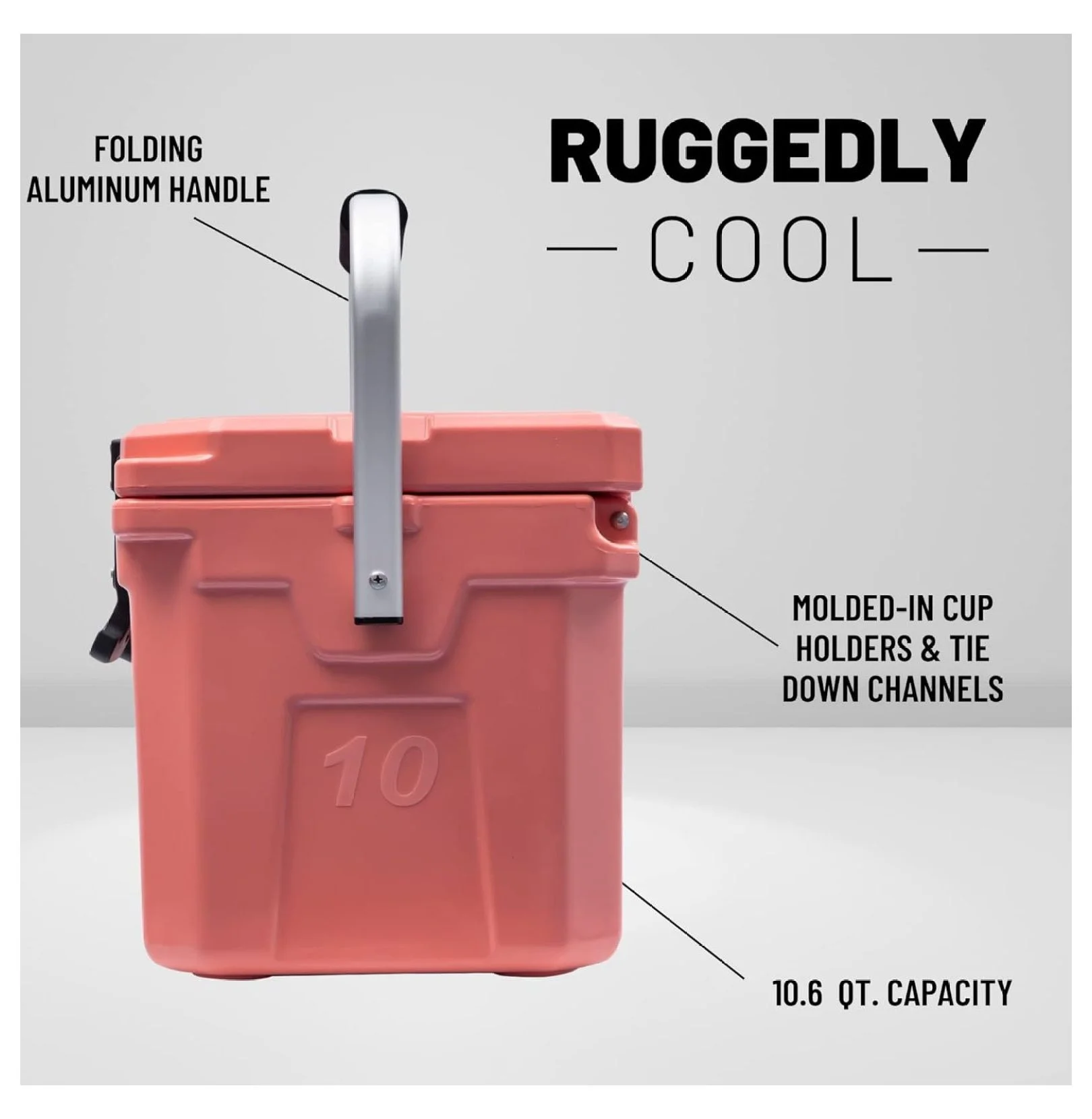 10L-10.6 Quart Portable Hard Cooler Ice Chest, Perfect for Drinks, Lunch, Beach, Picnics, Boating, Camping and Travel with 2 Molded-in Cup Holders and Folding Aluminum Handle Coral - Image 3