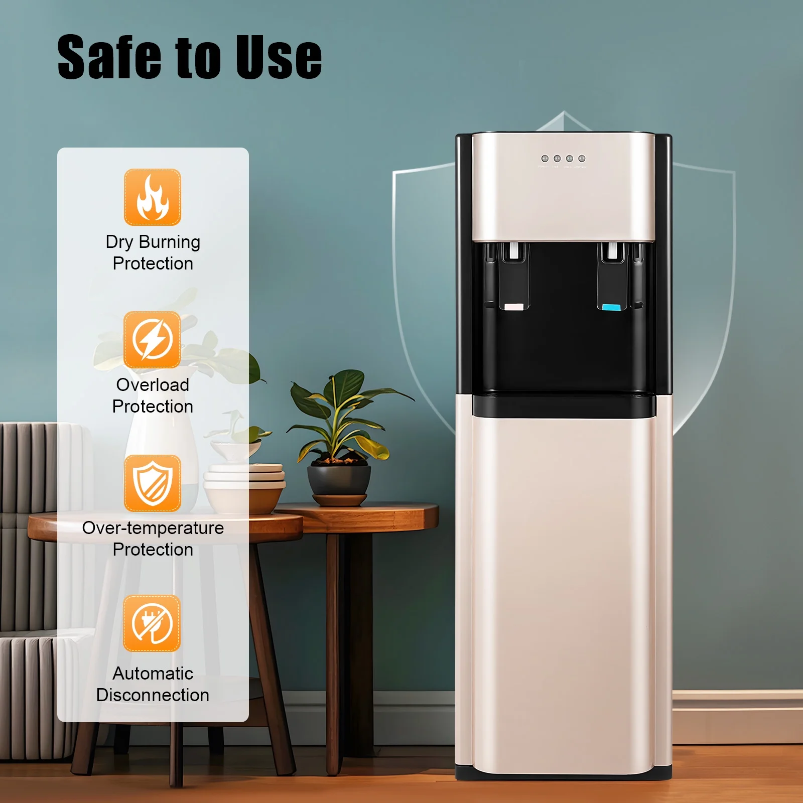 5 Gallon Bottom Loading Water Dispenser with Hot & Cold Water, 620W, Floor Standing, Easy Bottle Change, Safety Protected �?gold, for Home & Office