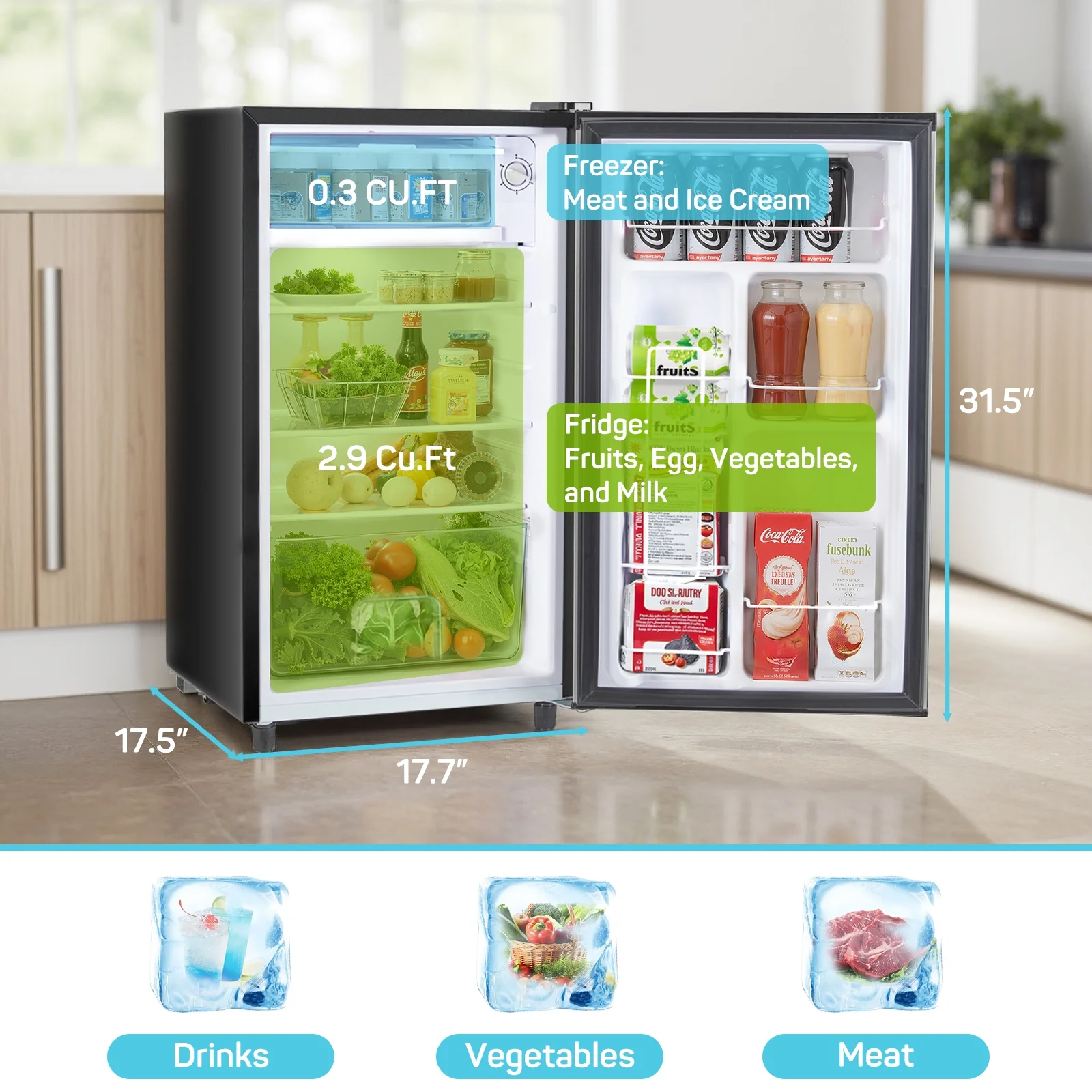 Upgraded Mini Fridge with Freezer, Compact Single Door, 3.2 Cu.Ft , Adjustable Thermostat, Low Noise, Perfect for Bedroom, Dorm, Office, 17.5" D x 17.7" W x 31.5" H, Black(Black) - Image 10