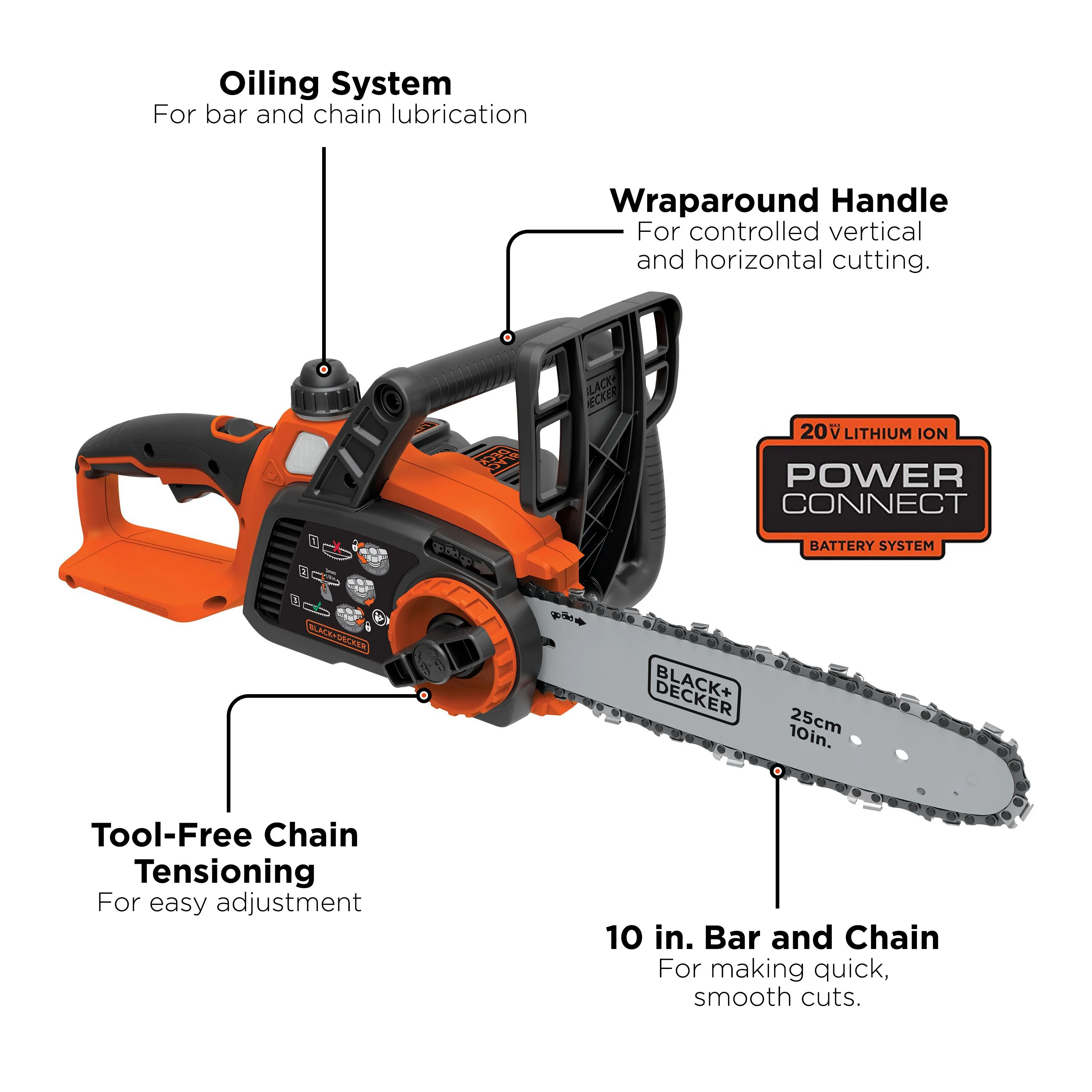 BLACK+DECKER 20V Max* Cordless Chainsaw, 10 - Inch (Tool Only), (LCS1020B)