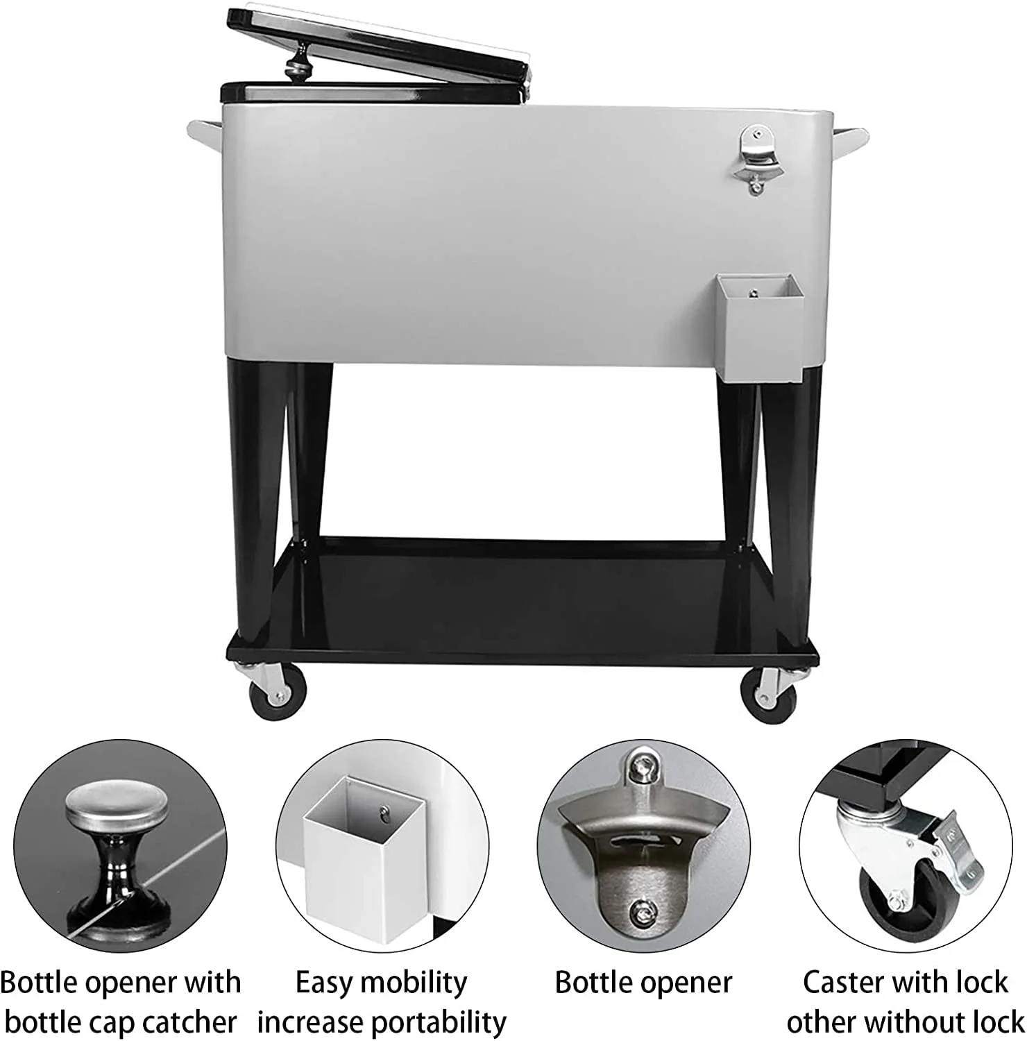 FreeLung 80QT Rolling Cooler Cart with Wheels Ice Chest Outdoor Backyard Coolers on Wheels Silver(Black) Image 2