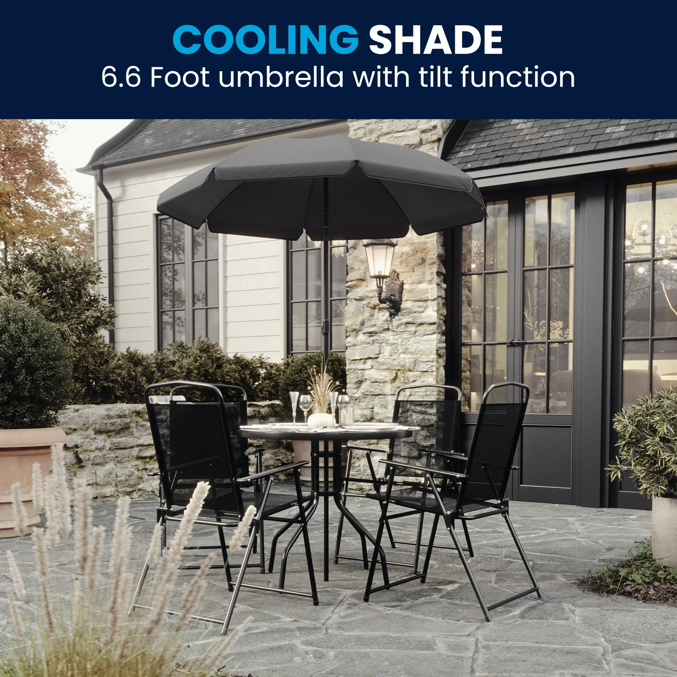 Flash Furniture Nantucket 6 Piece Black Patio Garden Set with Umbrella Table and Set of 4 Folding Chairs