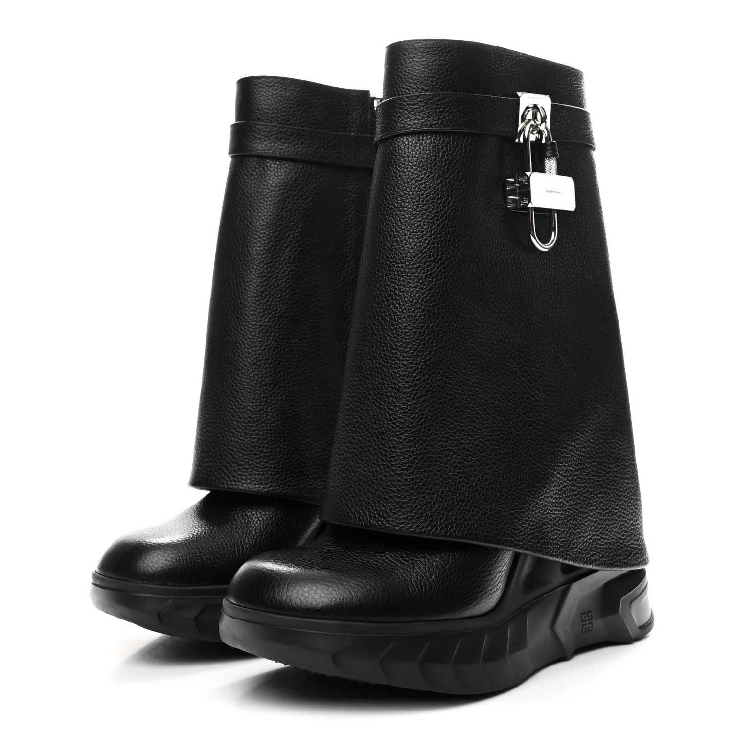 Grained Calfskin Shark Lock Biker Ankle Boots 38 Black