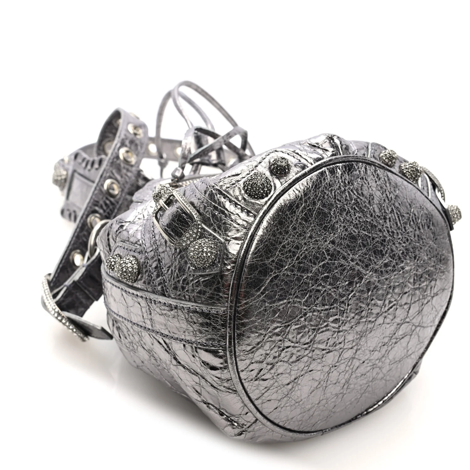 Metallic Agneau Arena Crystal Le Cagole Bucket Bag XS Silver