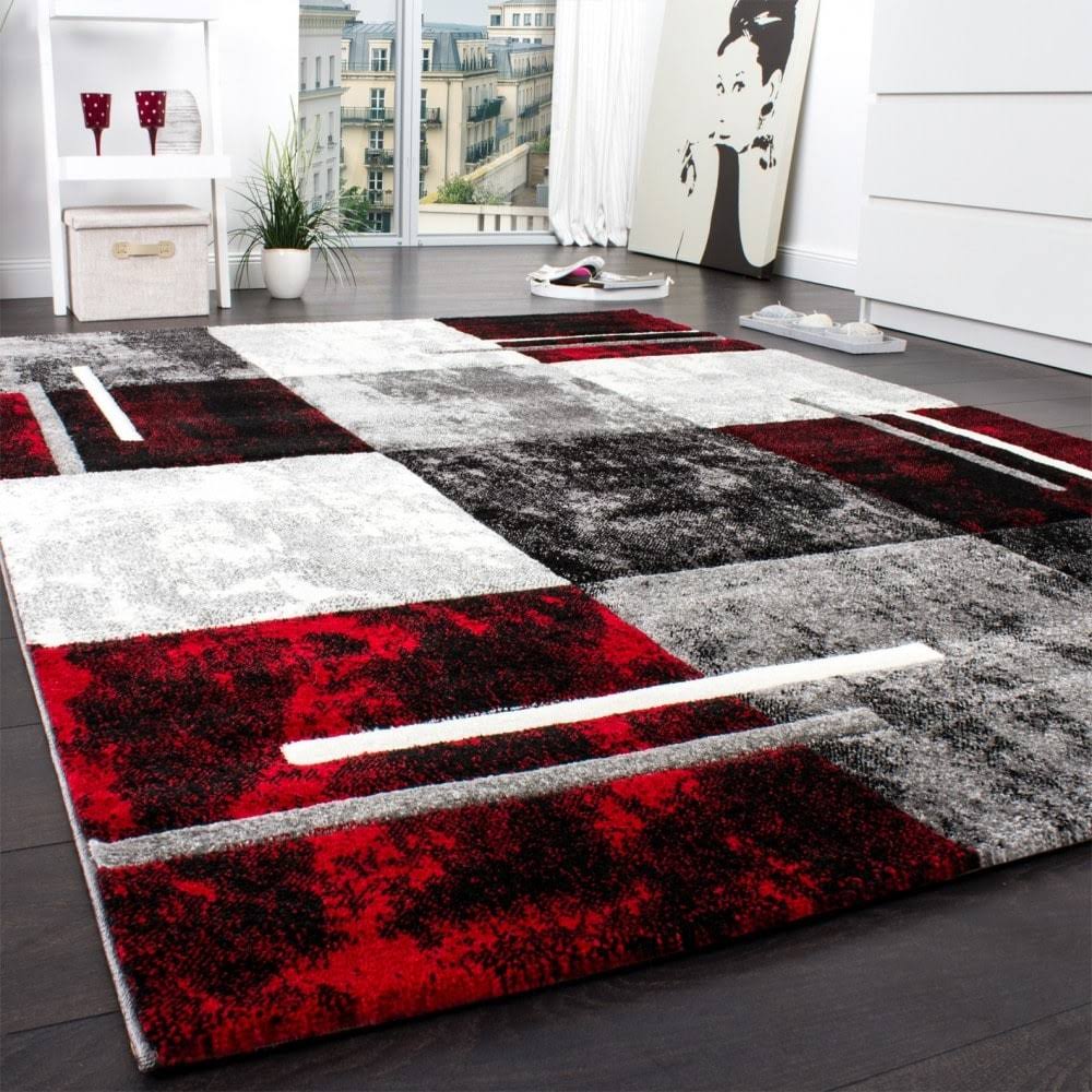 Paco Home Modern Designer Area Rug Checkered with Contour Cut Grey-Red 2'8