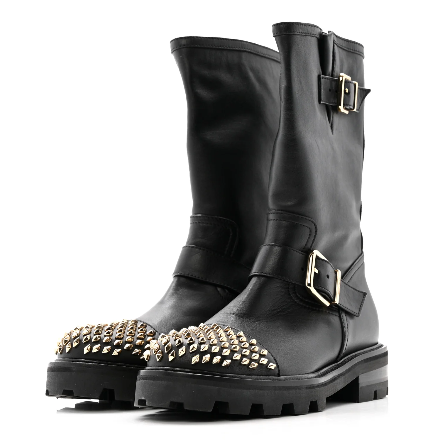 Calfskin Studded Biker II Boots 36.5 Black