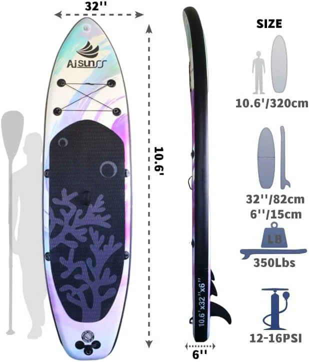 Planche de SUP gonflable large avec sac de transport, pompe à main et sac étanche de 10 L