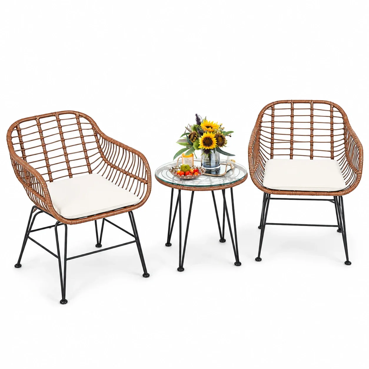 Costway 3PCS Patio Rattan Bistro Set Coffee Table Armchair Garden Beige Cushion