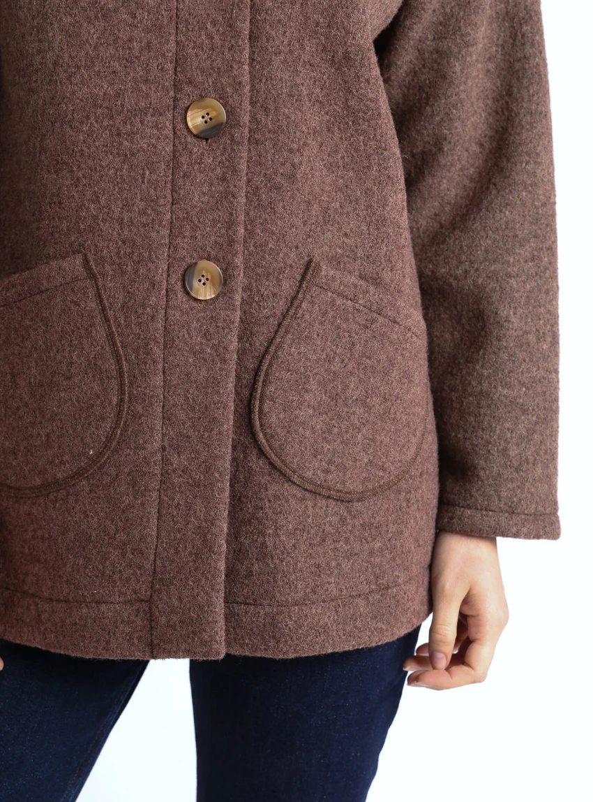 Manteau court femme laine bouillie marron foncé