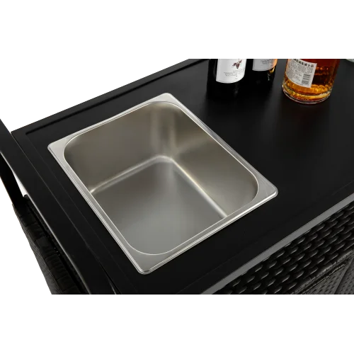 Outdoor Rolling Wicker Bar Cart, Large Portable Outdoor Wicker Bar Table with Cabinet Storage and Glass Countertop, Patio Wicker Serving Bar Cart for Pool, Party, Backyard, Black(Black) - Image 4