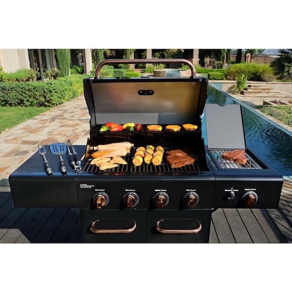 4 Burner Propane Gas Grill with Side Searing Burner in Black with Copper Accent Image 2