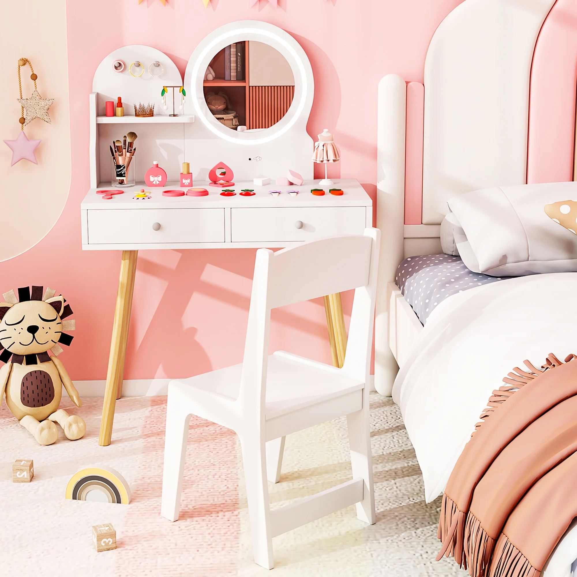 Gymax Kids Vanity Set W/ Lighted Mirror Princess Makeup Dressing Desk & Chair Set White