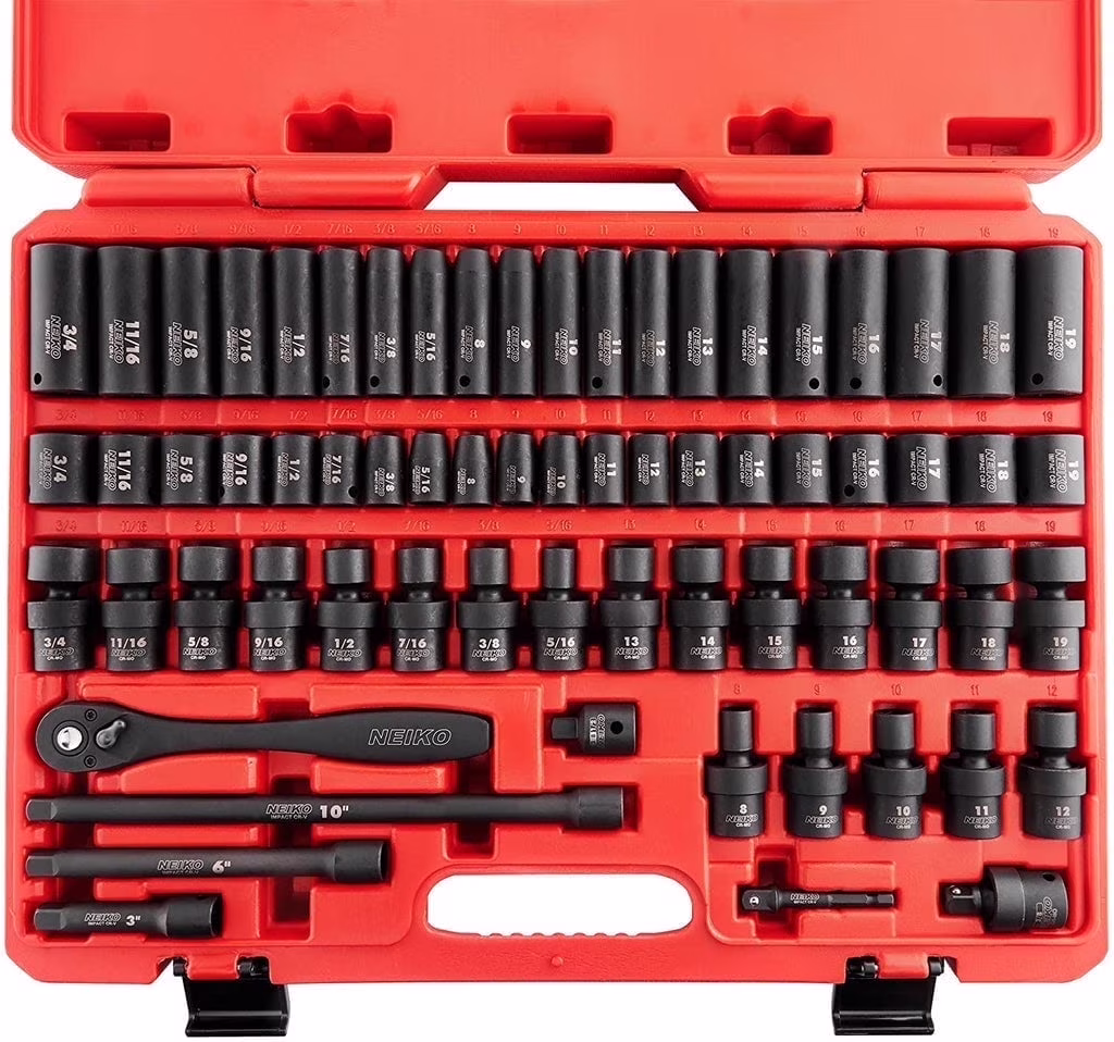 02471A Impact Socket Set, 3/8�� Drive, 67 Piece, Metric and Standard Master Socket Set with Shallow Deep Sockets, Ratchet, Swivel Sockets, Extension Bars, Adapters, Cr-V Cr-Mo