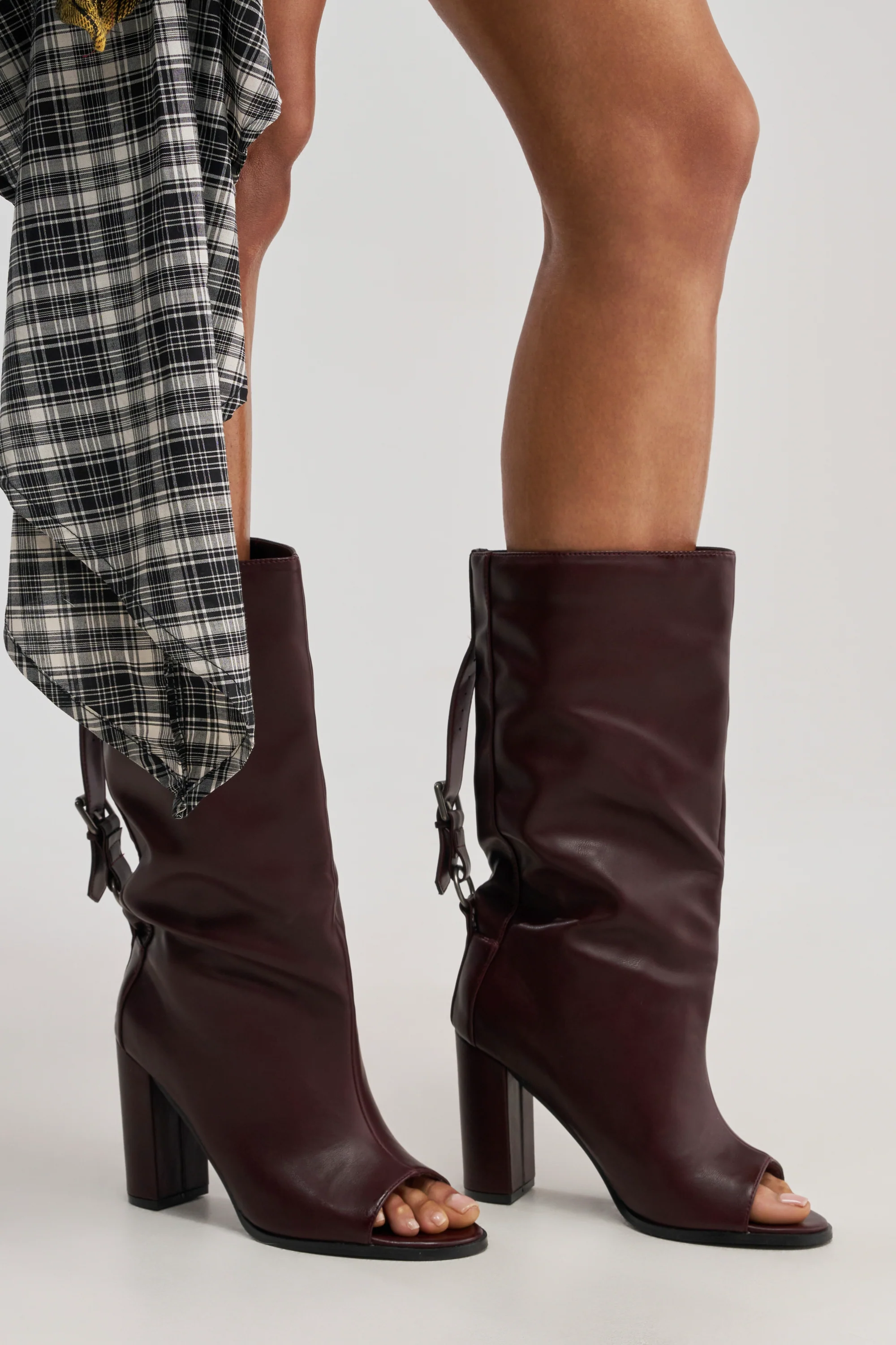 AKIRA GOLD REMIX MAHOGANY OPEN TOE BLOCK BOOTIE - Akira Store