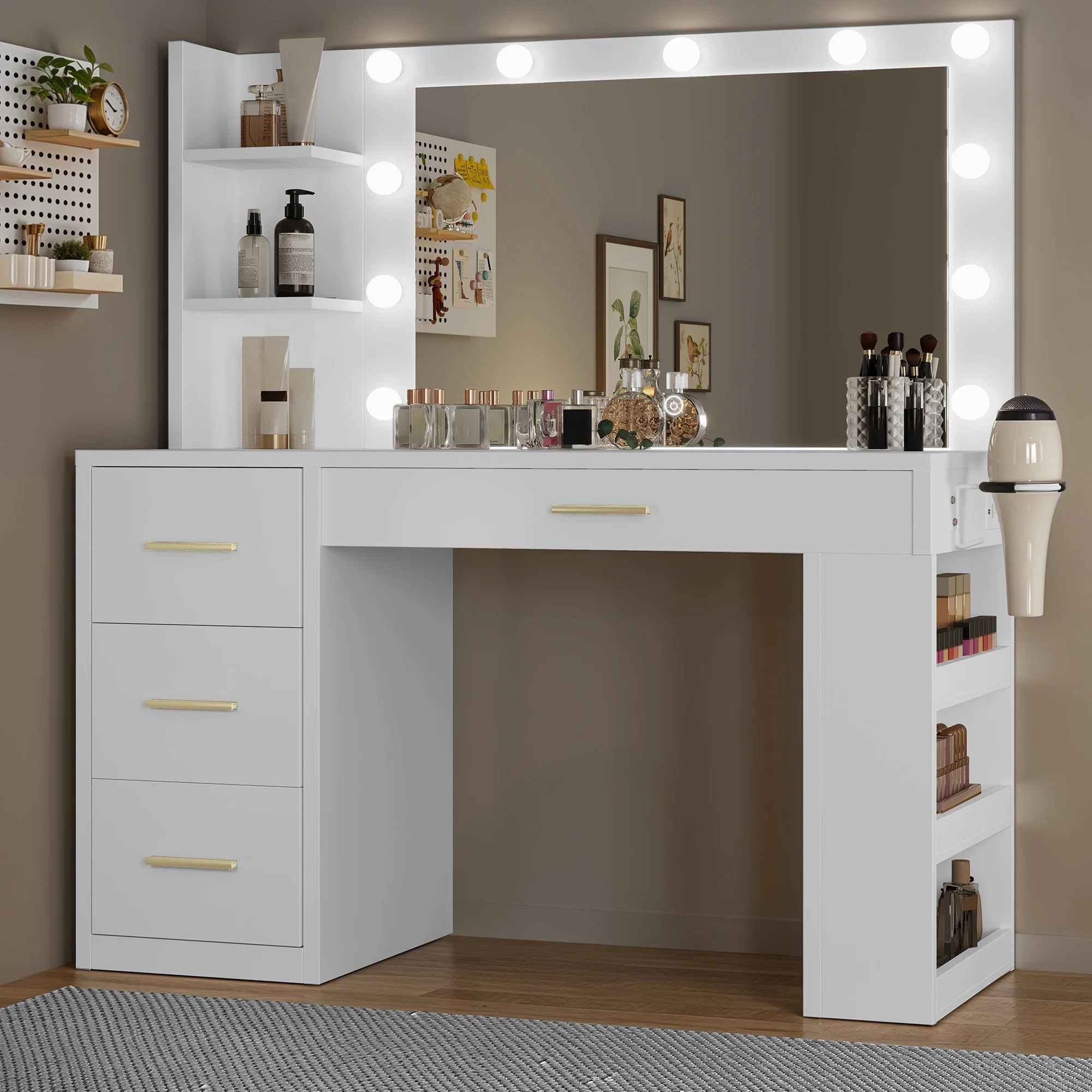Makeup Vanity Desk with Mirror Lights, Vanity Desk with 4 Drawers Storage Shelves White(White) - Image 2