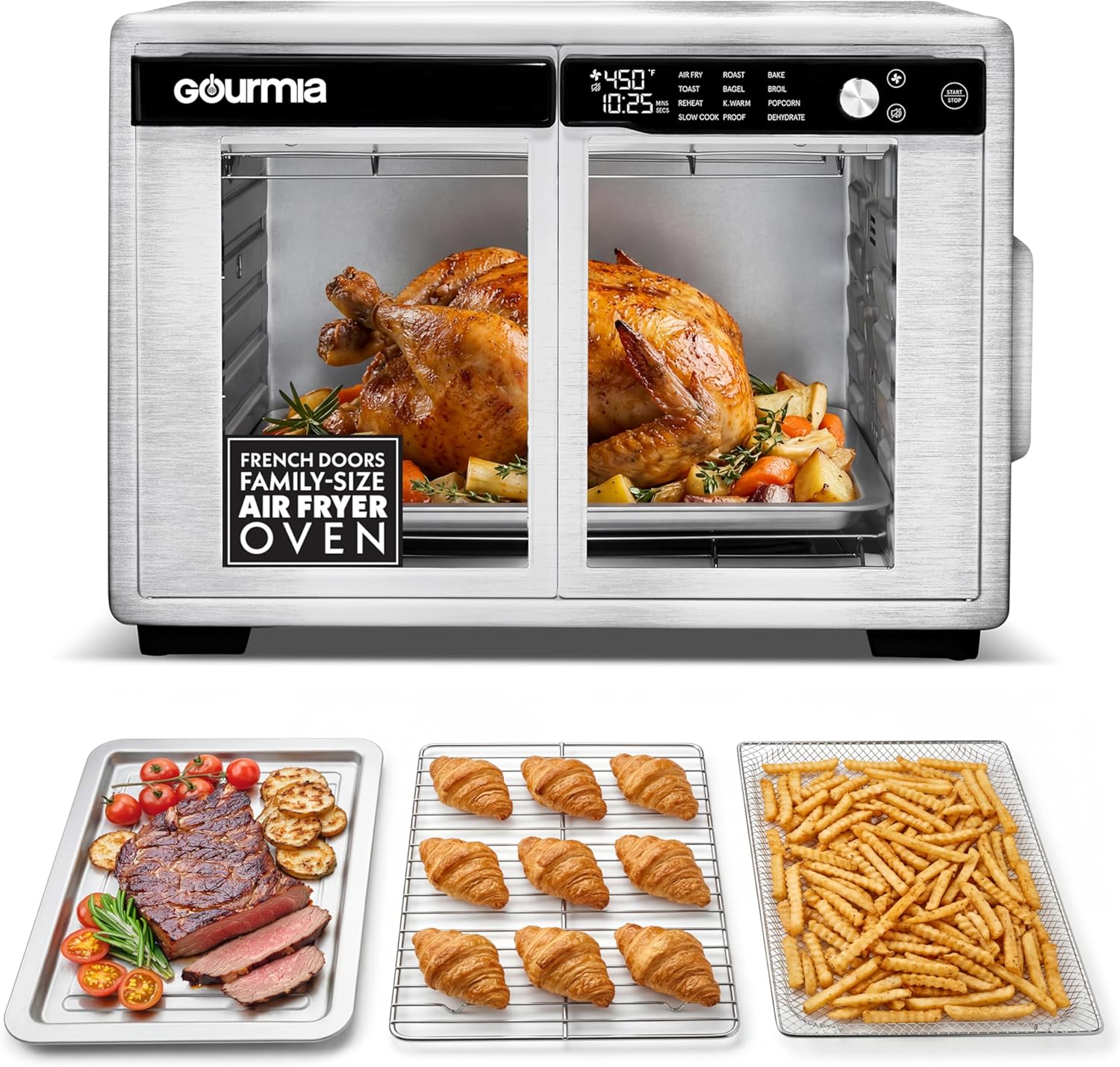 Gourmia French Door Air Fryer Oven - 37 Qt Large Capacity Convection Toaster Oven, FryForce 360 ° Digital Display, 12 Cooking Presets, Dehydrate, Fits 13” Pizza, Dishwasher-Safe, Stainless Steel