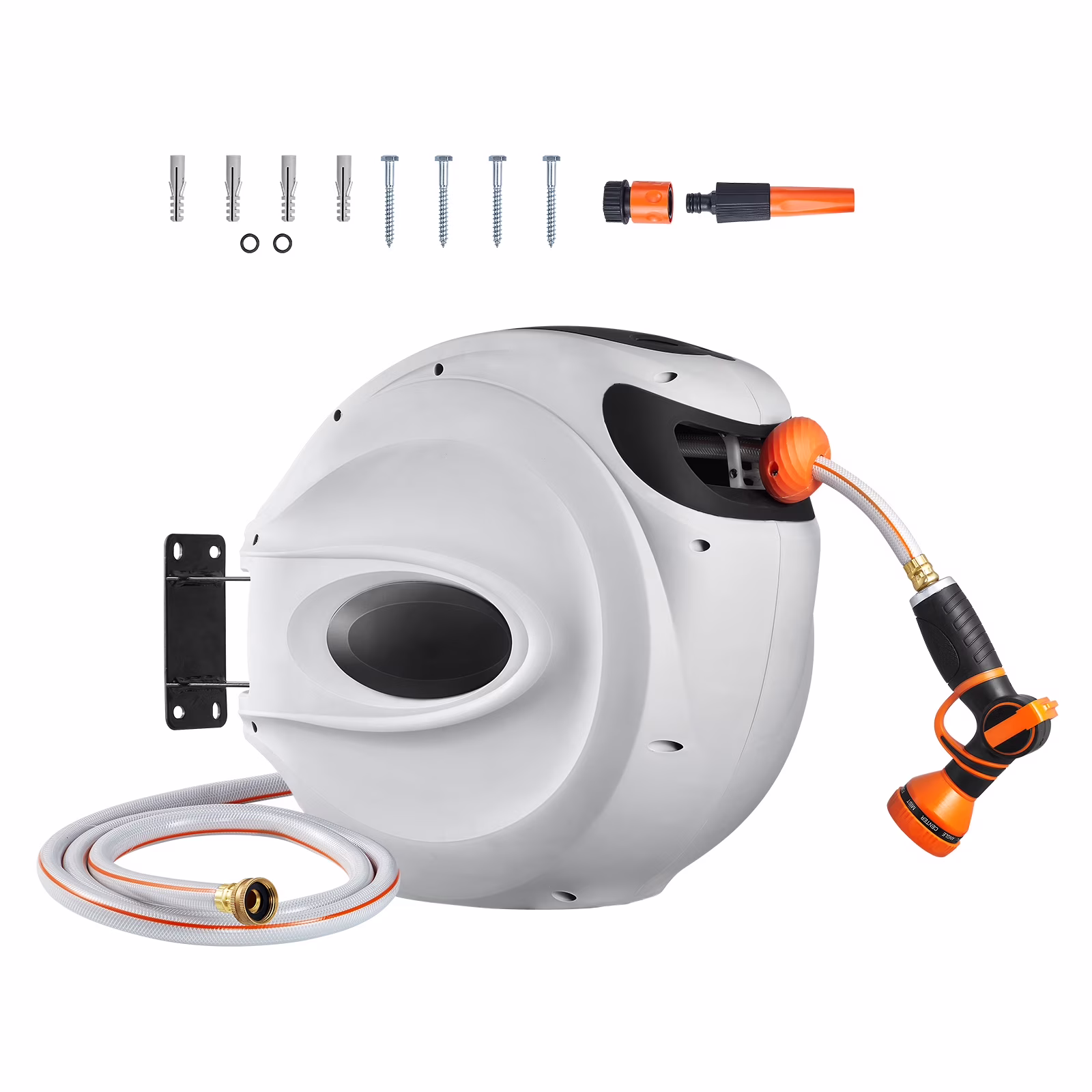 BENTISM Retractable Hose Reel, 115 ft x 1/2 inch, 180�� Swivel Bracket Wall-Mounted, Garden Water Hose Reel with 9-Pattern Nozzle, Automatic Rewind, Lock at Any Length, and Slow Return System