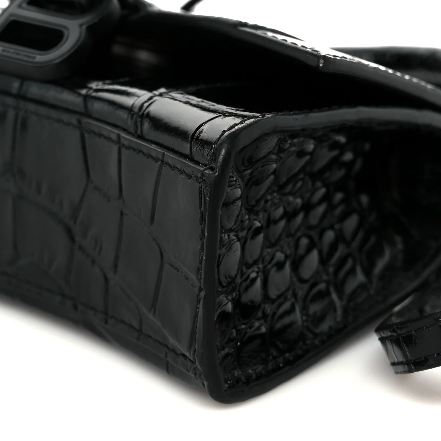 Shiny Calfskin Monochrome Crocodile Embossed Hourglass Top Handle Bag Mini Black