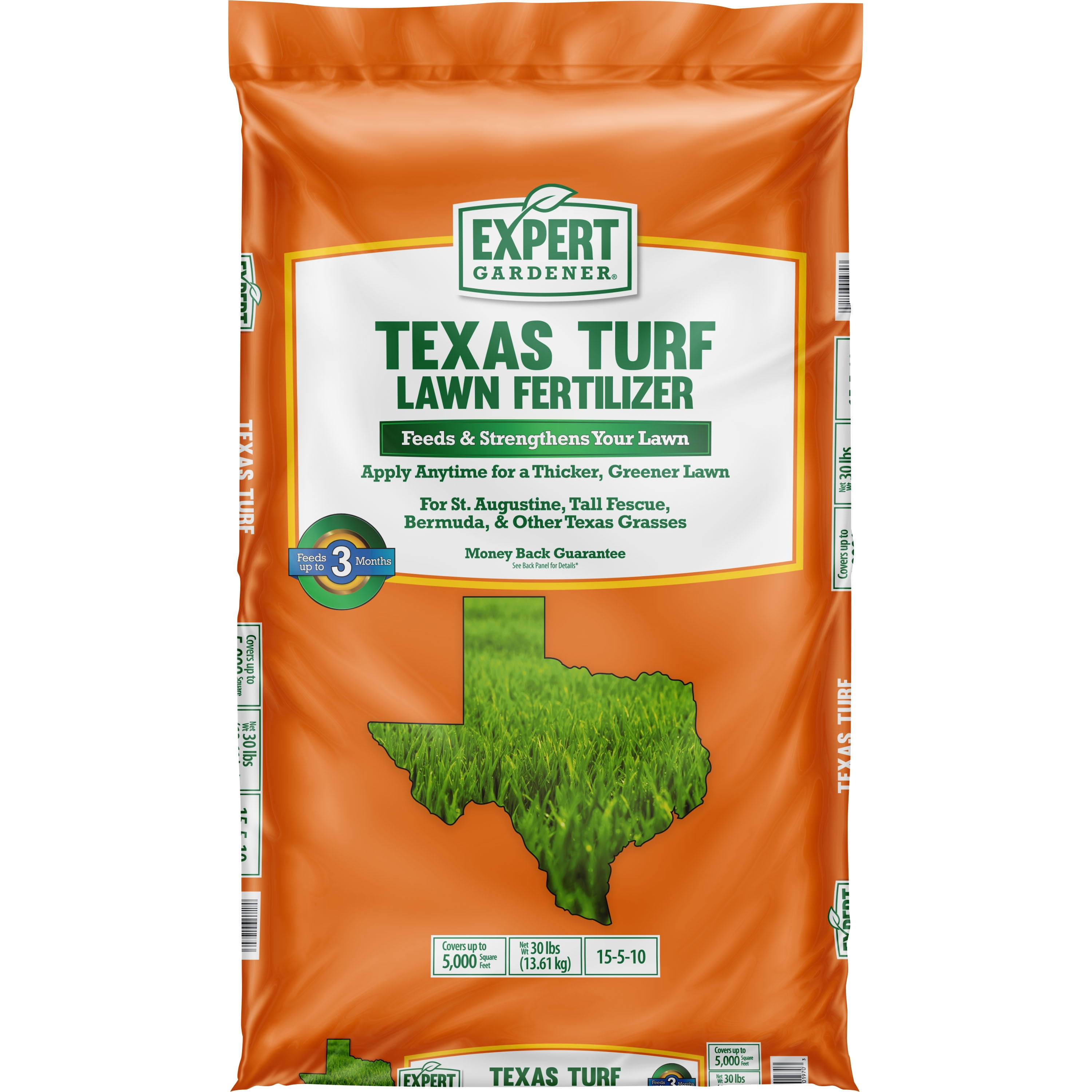 Expert Gardener Texas Turf Lawn Food Plus 2% Iron Fertilizer 15-5-10, 30.2 lb. - Covers 5,000 sq. ft