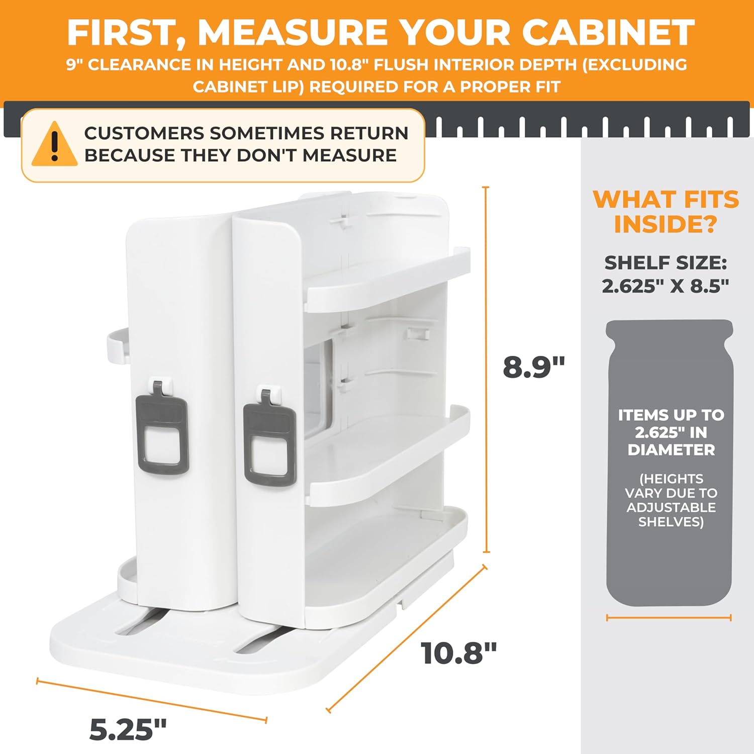 Cabinet Caddy SNAP!Spice Rack Organizer for Cabinet, 4 Adjustable Shelves