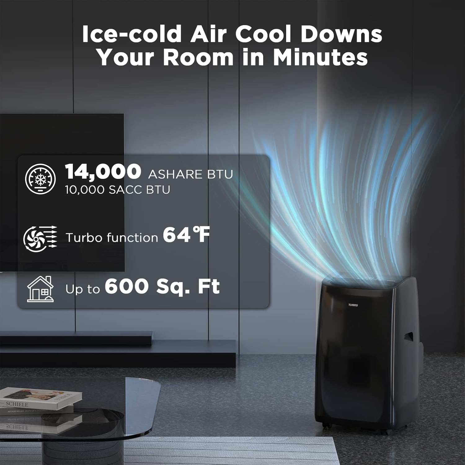 TURBRO 14,000 BTU Smart WiFi Portable Air Conditioner, Cooling up to 600 Sq Ft, 3 in 1 Functions, with Remote, Supports Alexa Control, Greenland