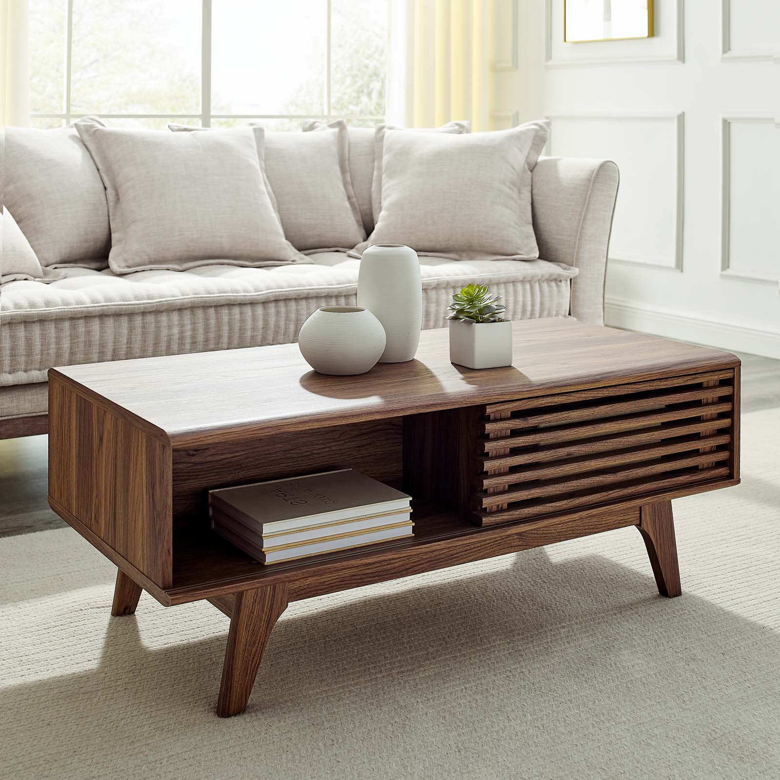 Coffee Table, Wood, Brown Walnut, Modern Contemporary Urban Design, Living Lounge Room Hotel Lobby Hospitality