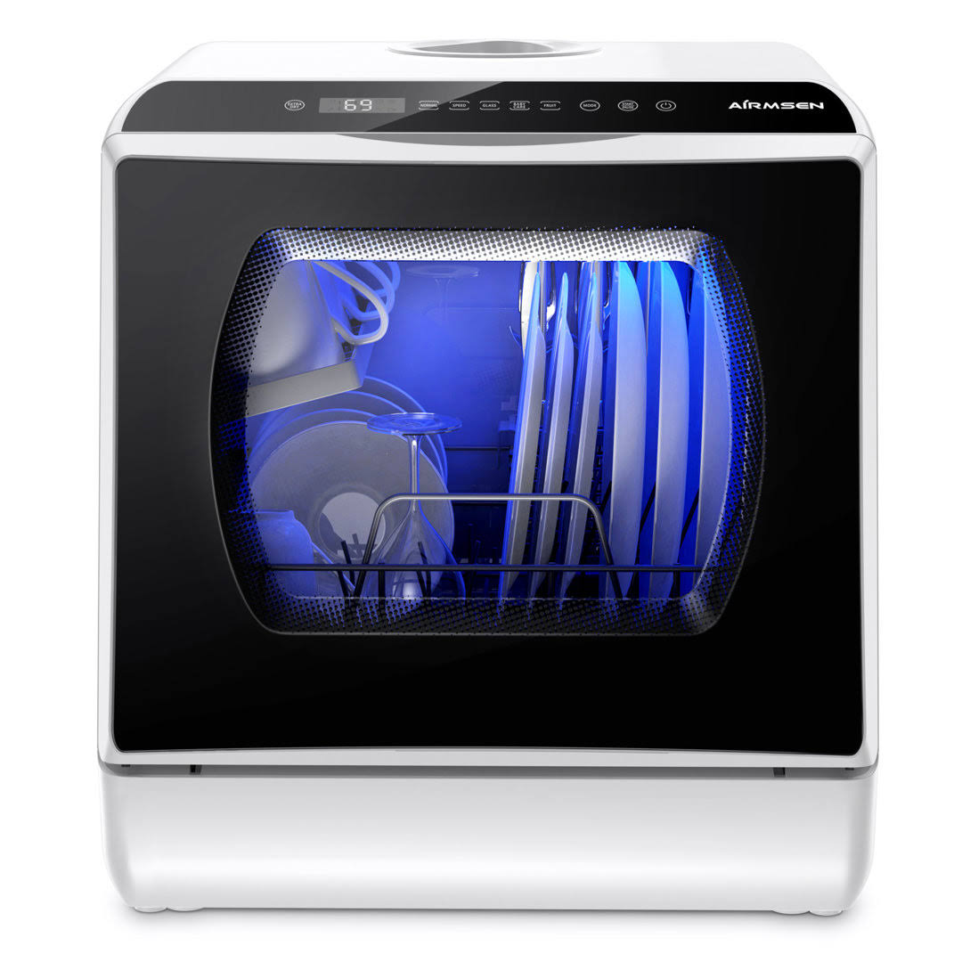 AIRMSEN AE-TDQR03 Portable Countertop Dishwasher with 5-Liter Built-In Water Tank and Air-Dry Function, 5 Washing Programs, White/Black, Size: 16.86 x